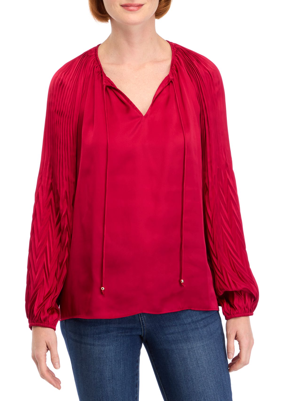 Womens Blouson Sleeve Tie Neck Satin Blouse