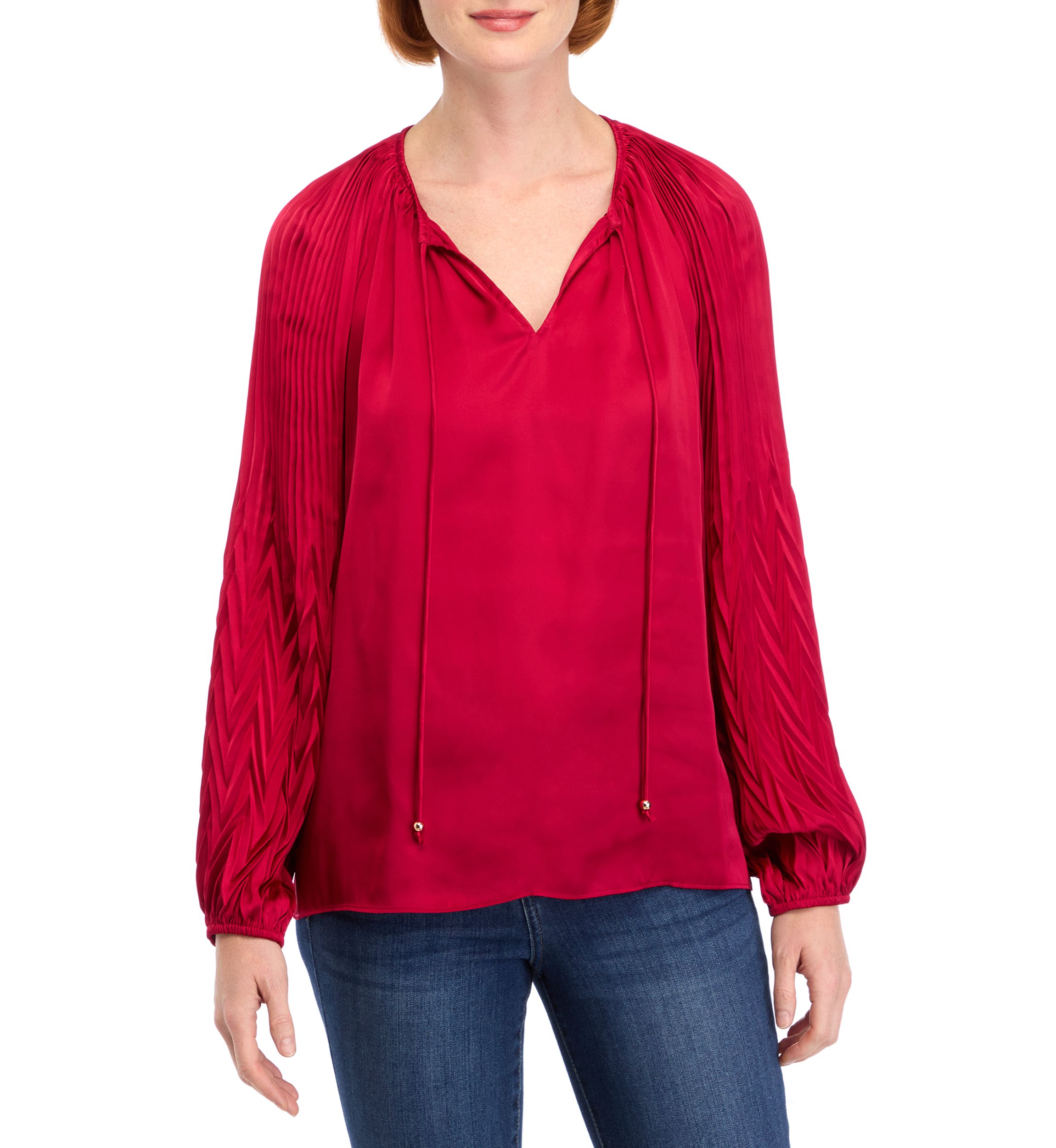 Womens Blouson Sleeve Tie Neck Satin Blouse
