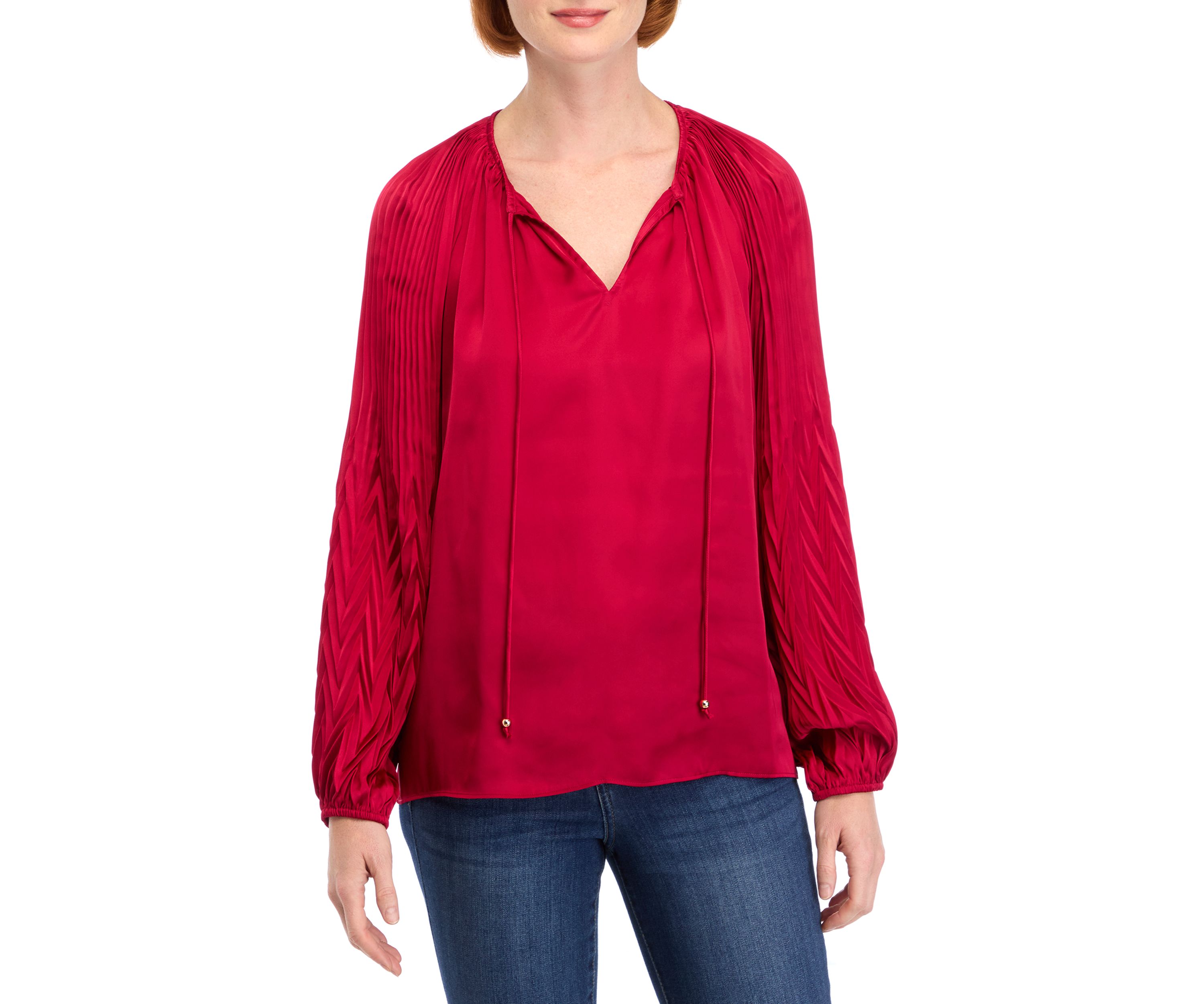 Womens Blouson Sleeve Tie Neck Satin Blouse