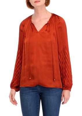 PHILOSOPHY BY REPUBLIC Women's Blouson Sleeve Tie Neck Satin Blouse, Small