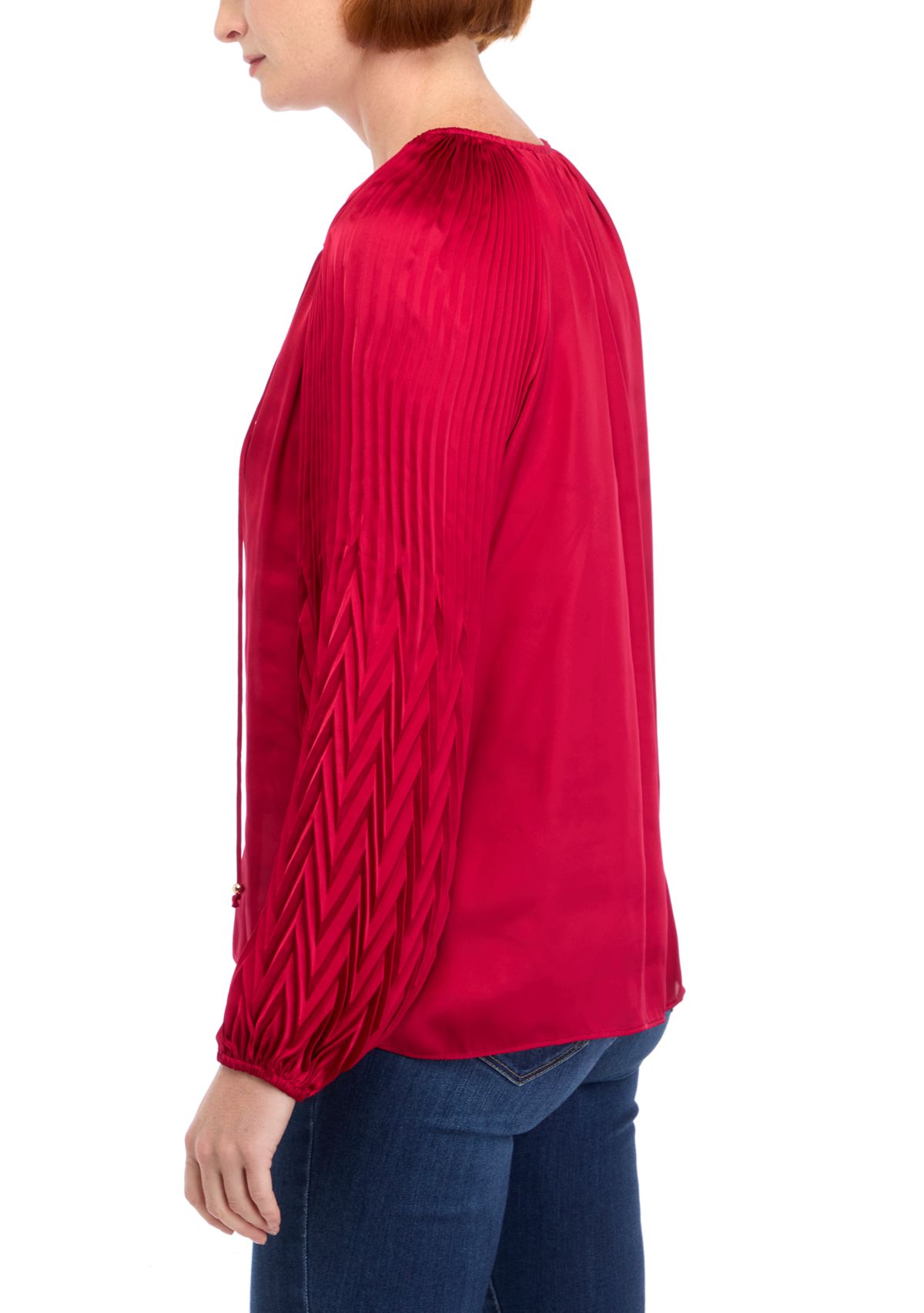 Womens Blouson Sleeve Tie Neck Satin Blouse