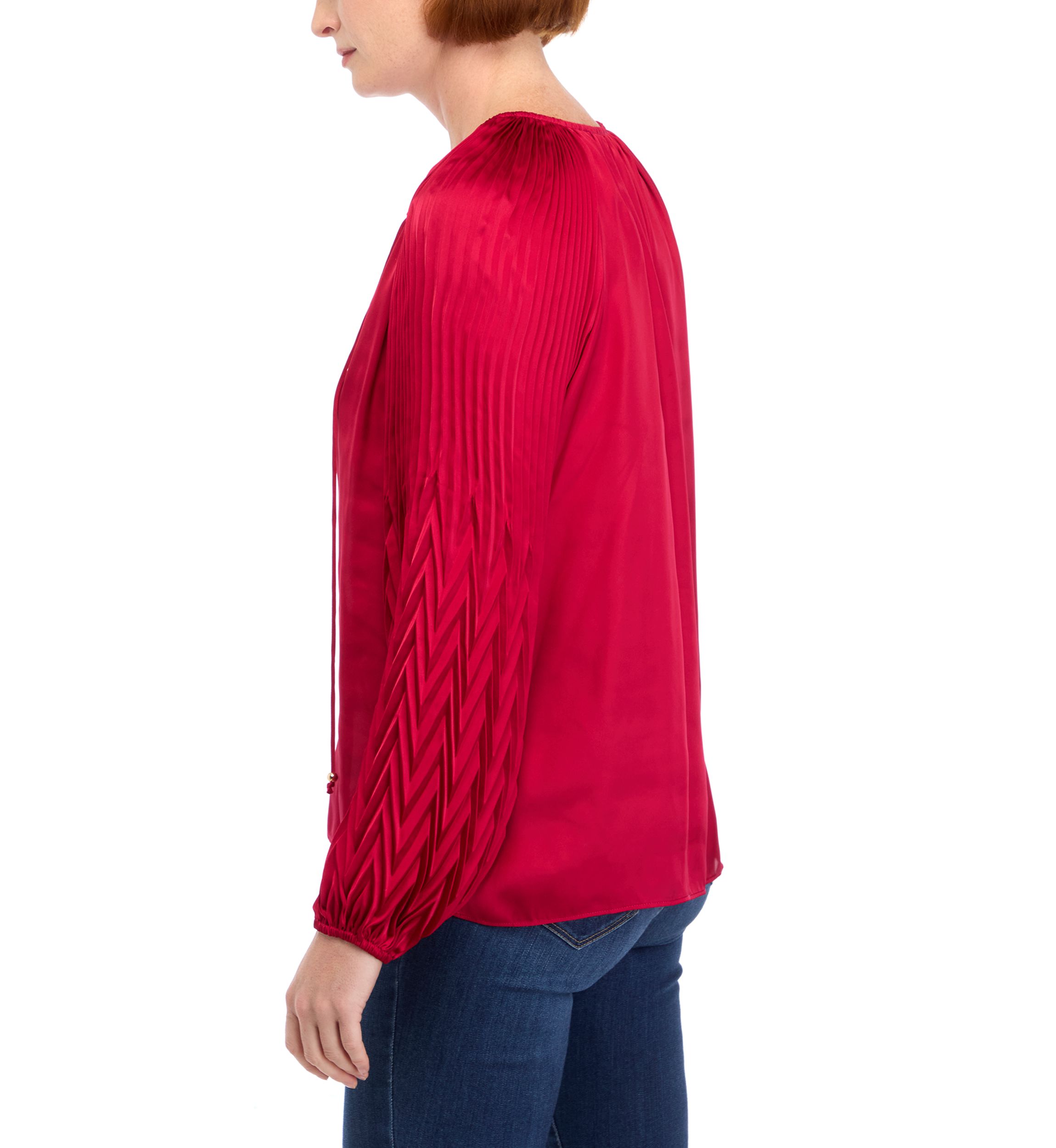 Womens Blouson Sleeve Tie Neck Satin Blouse
