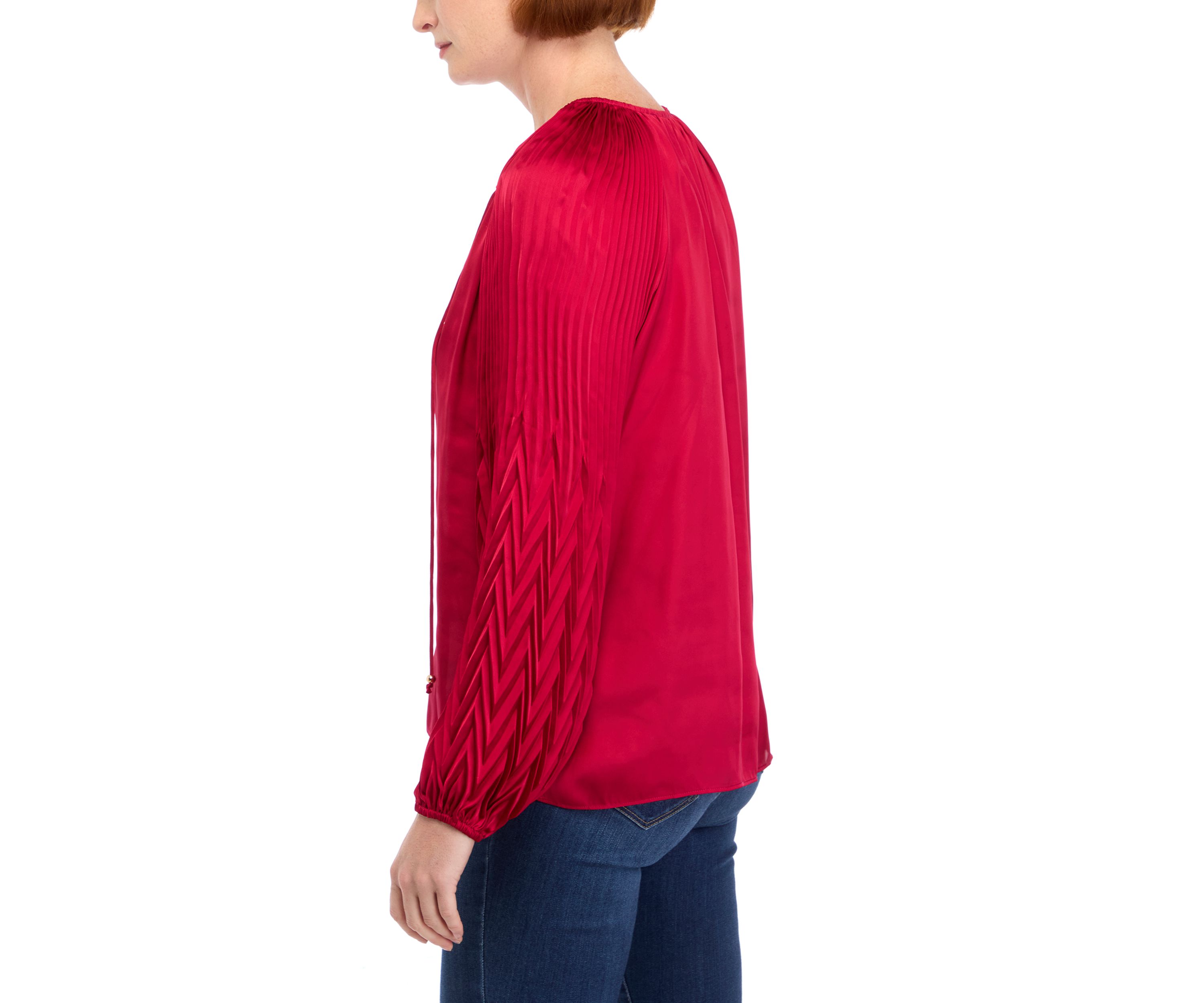 Womens Blouson Sleeve Tie Neck Satin Blouse