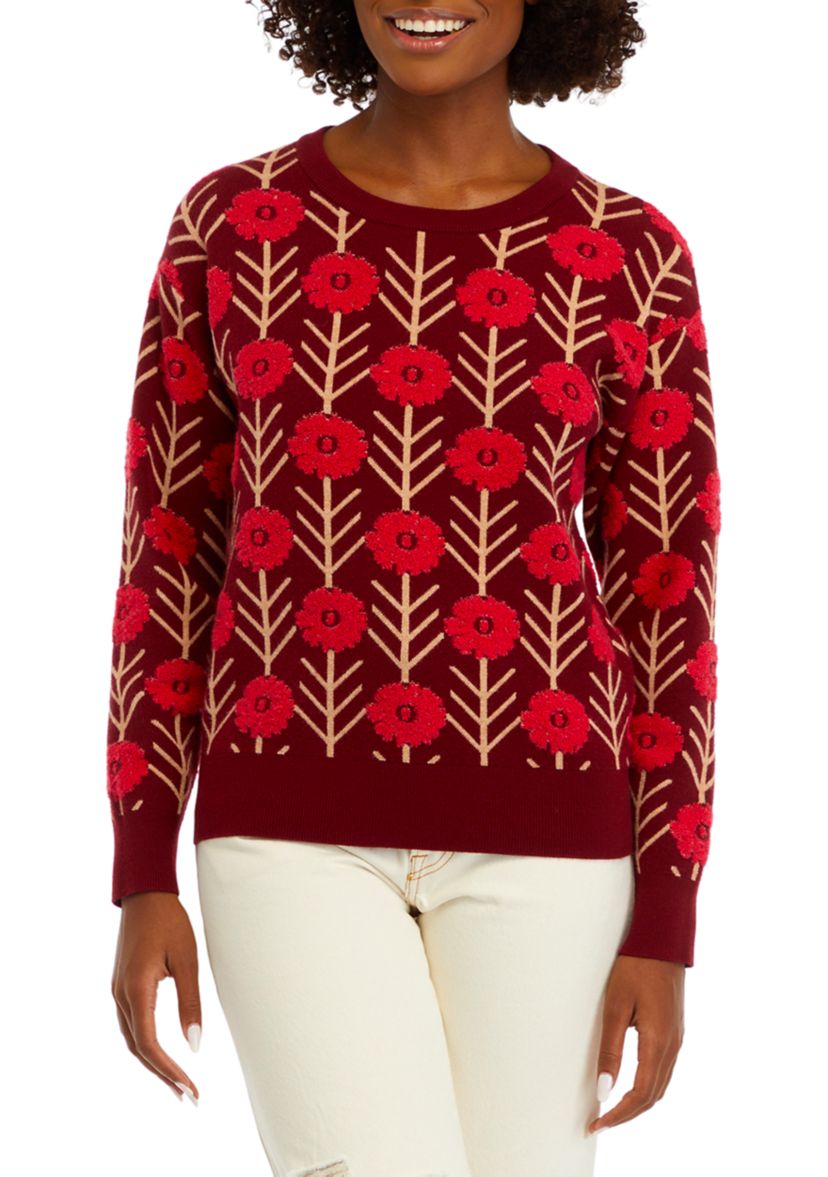 Long Sleeve Floral Jacquard Sweater 