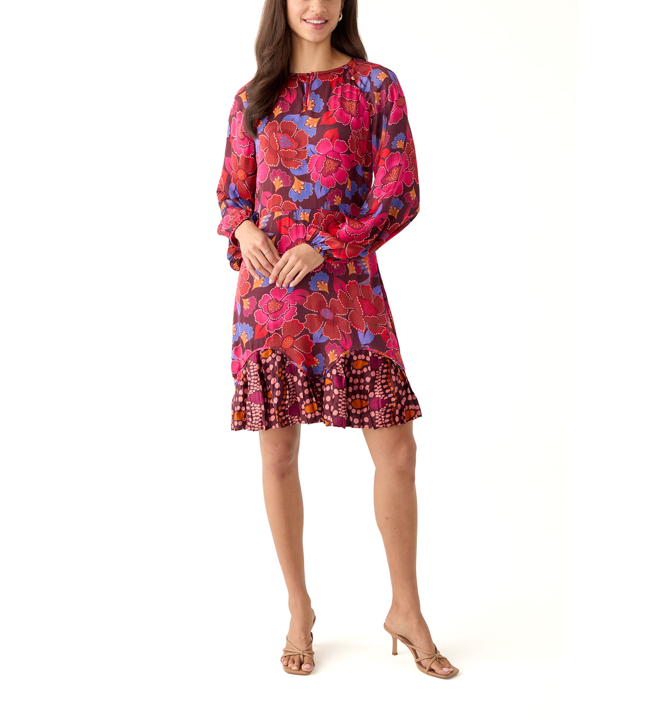 Womens Long Sleeve Ruffle Hem Floral Dress