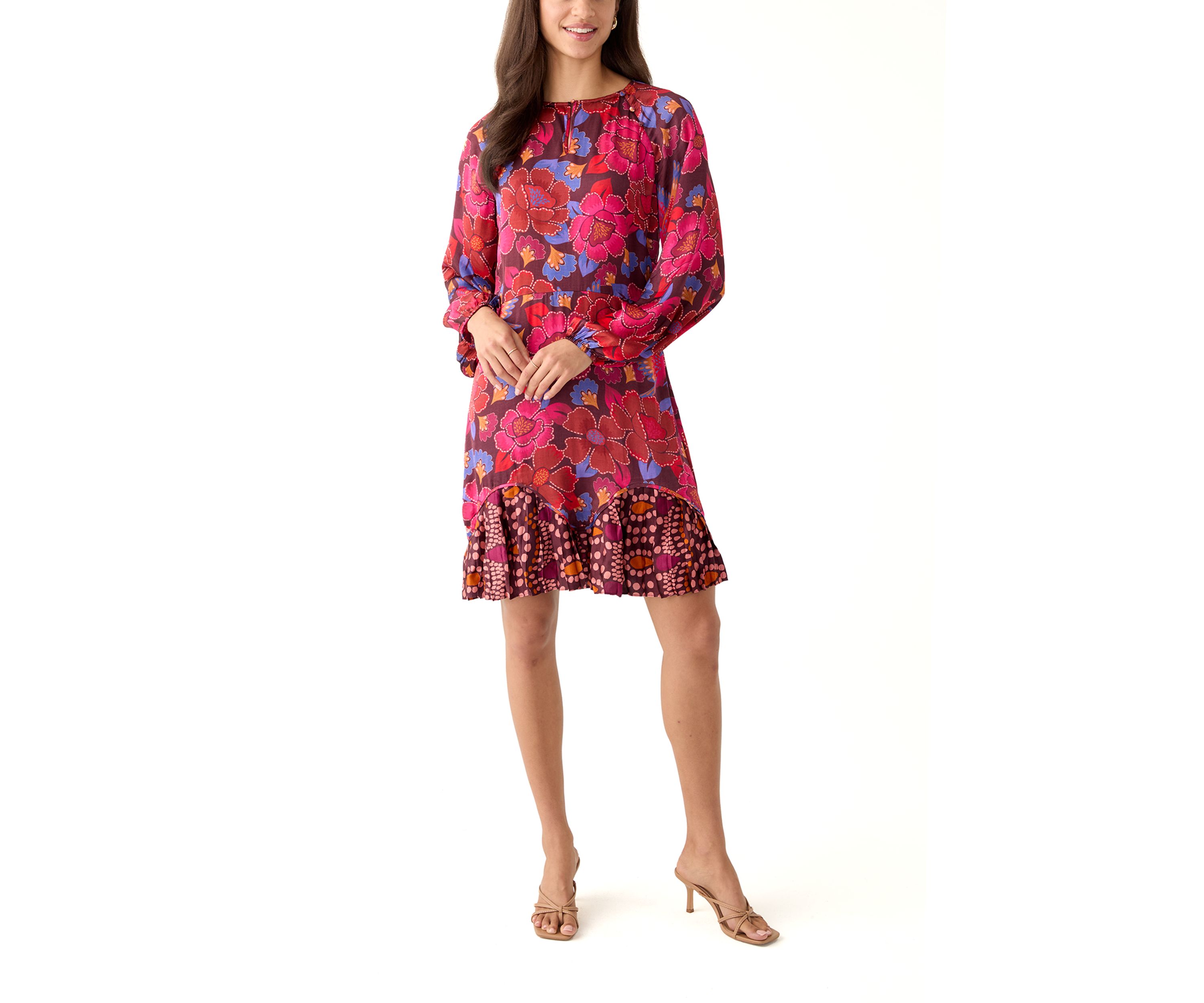 Womens Long Sleeve Ruffle Hem Floral Dress
