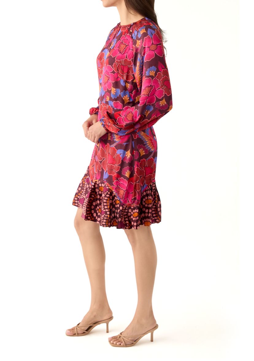 Womens Long Sleeve Ruffle Hem Floral Dress