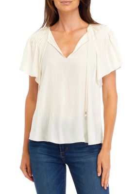 PHILOSOPHY BY REPUBLIC Women's Flutter Sleeve Split Neck Airflow Blouse, White, Small