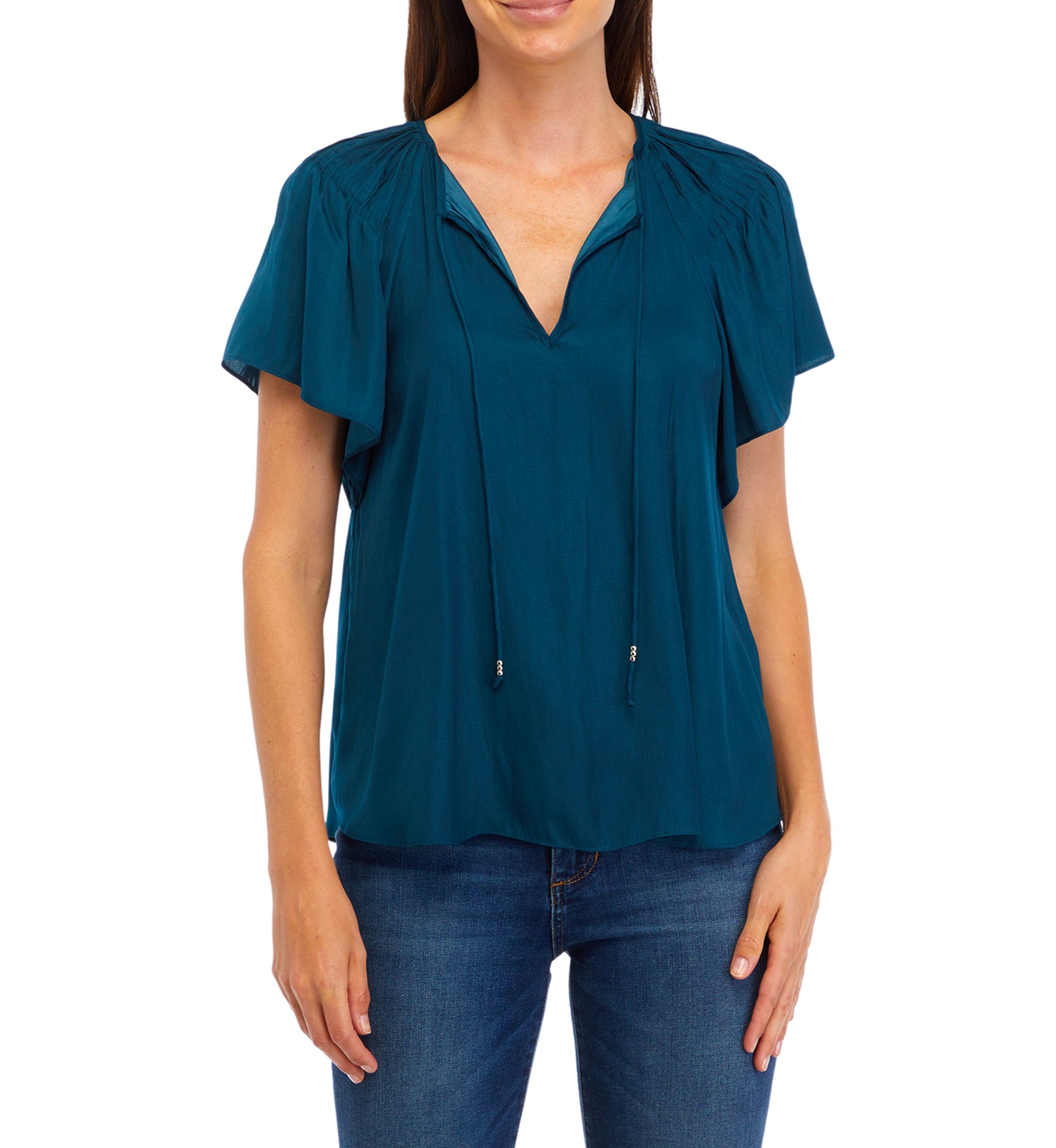 Womens Flutter Sleeve Split Neck Airflow Blouse