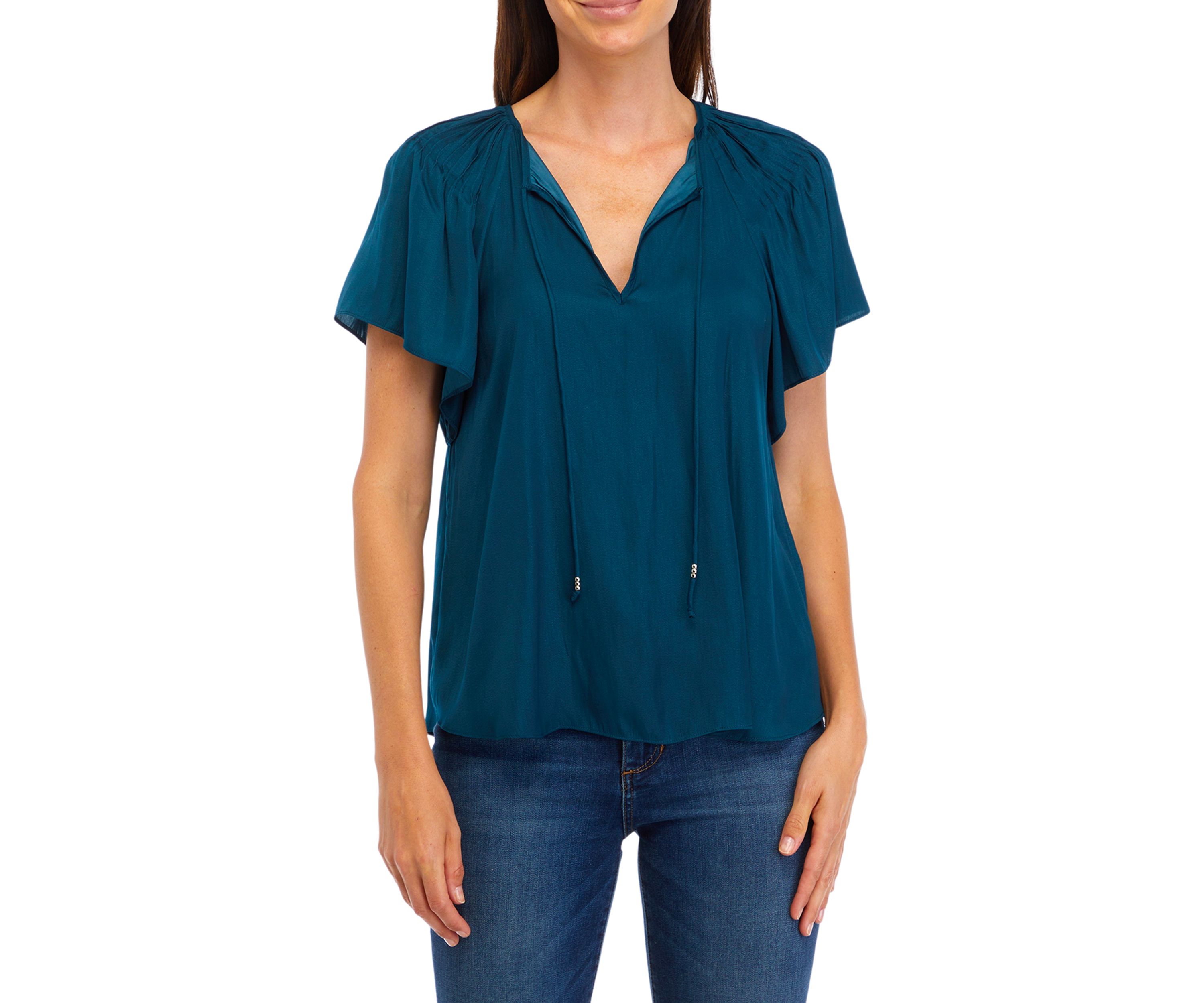Womens Flutter Sleeve Split Neck Airflow Blouse