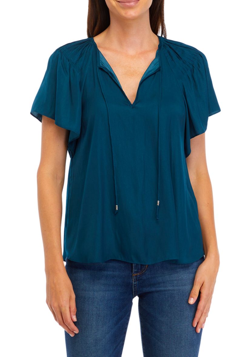 Womens Flutter Sleeve Split Neck Airflow Blouse