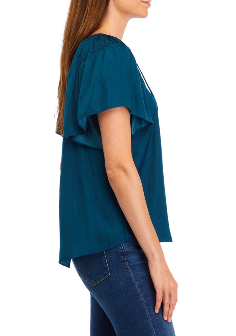 Womens Flutter Sleeve Split Neck Airflow Blouse