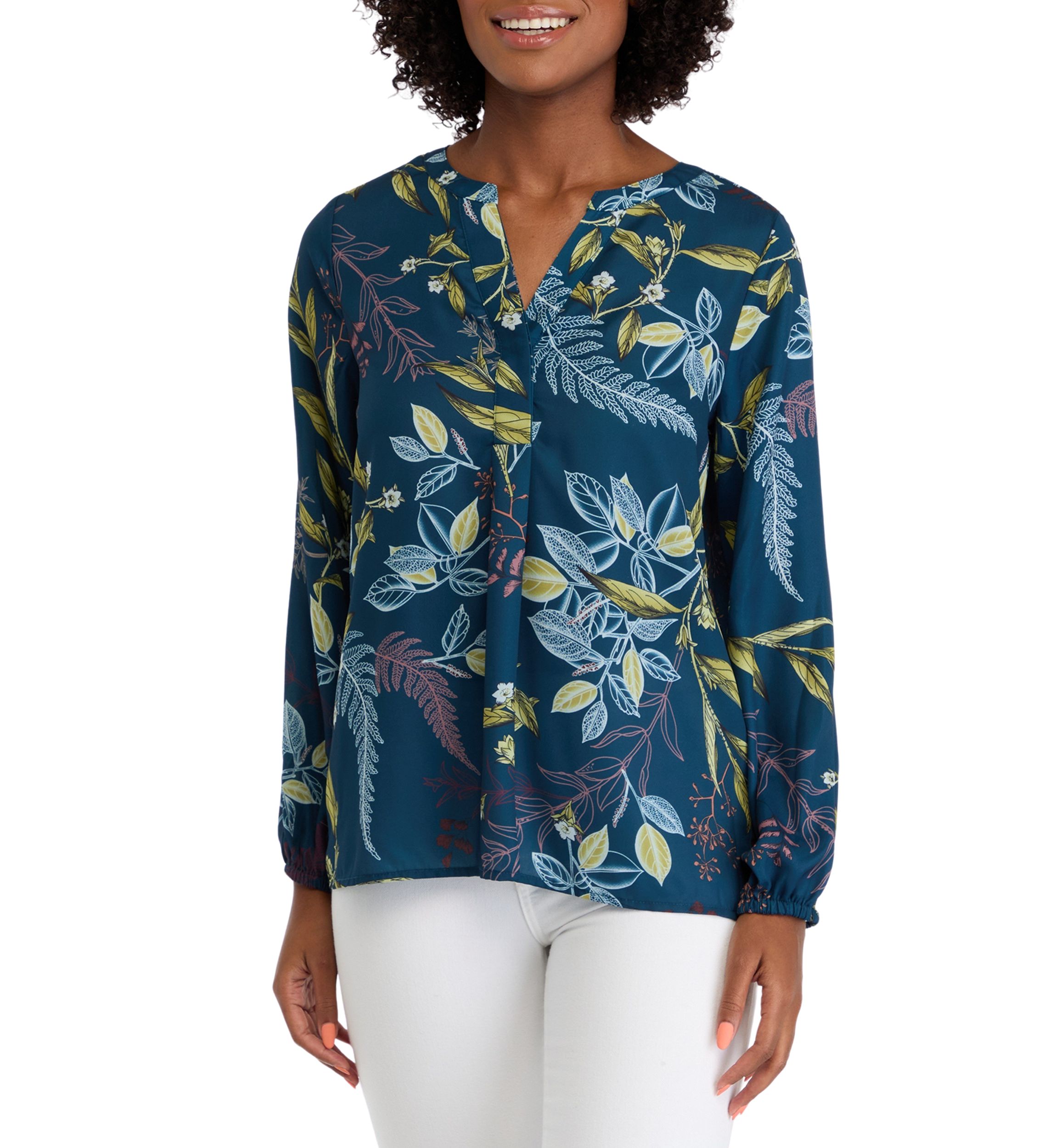 Womens Blouson Sleeve Floral Split Neck Blouse