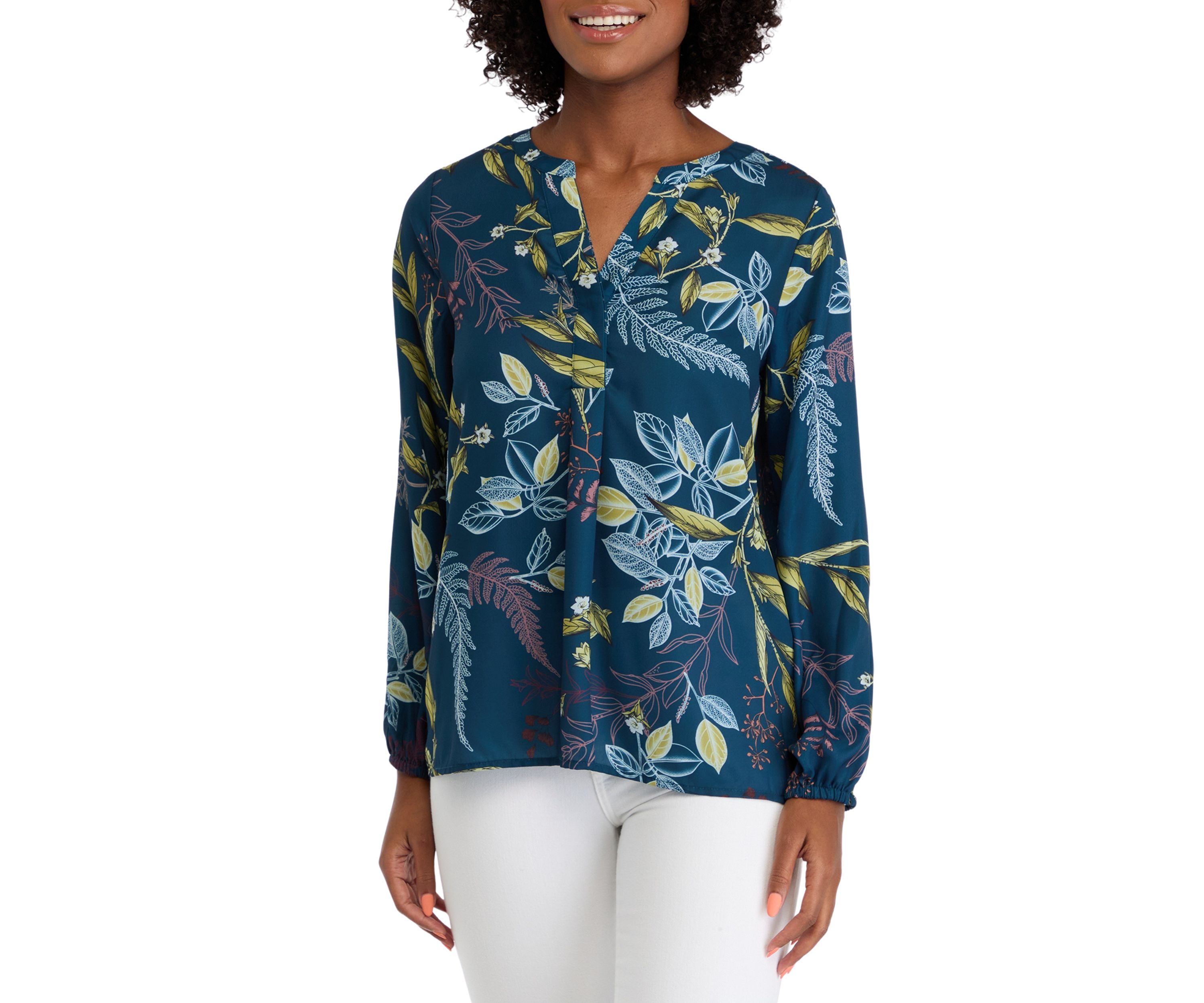 Womens Blouson Sleeve Floral Split Neck Blouse