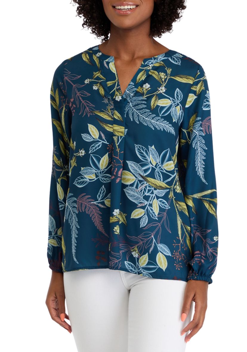 Womens Blouson Sleeve Floral Split Neck Blouse