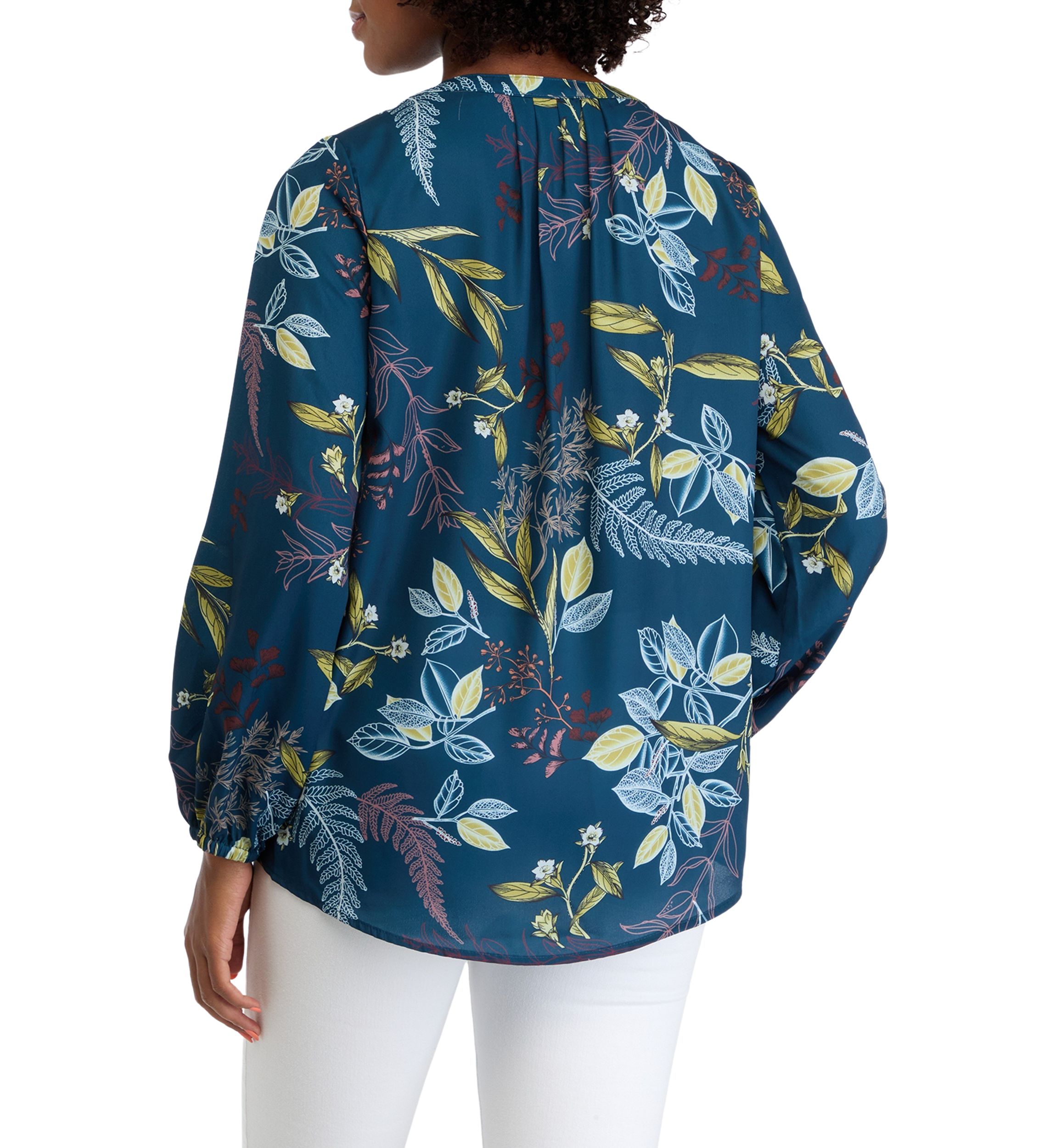 Womens Blouson Sleeve Floral Split Neck Blouse