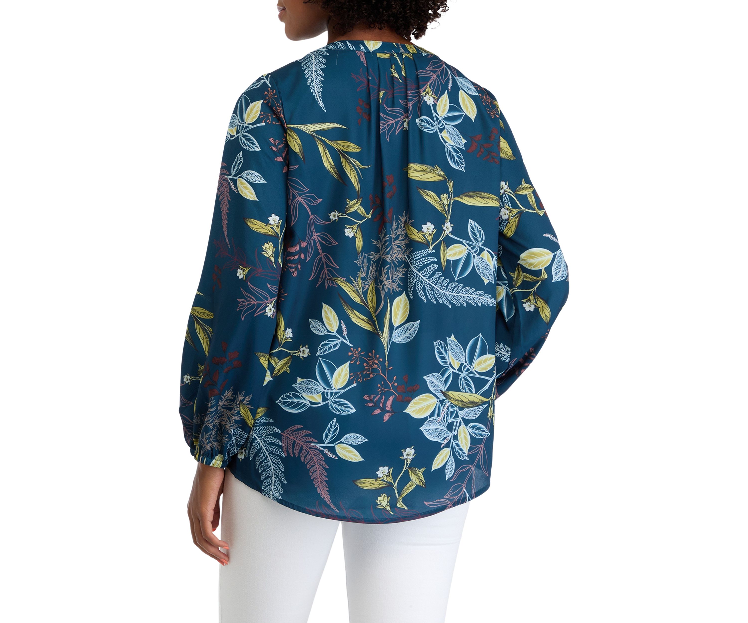 Womens Blouson Sleeve Floral Split Neck Blouse