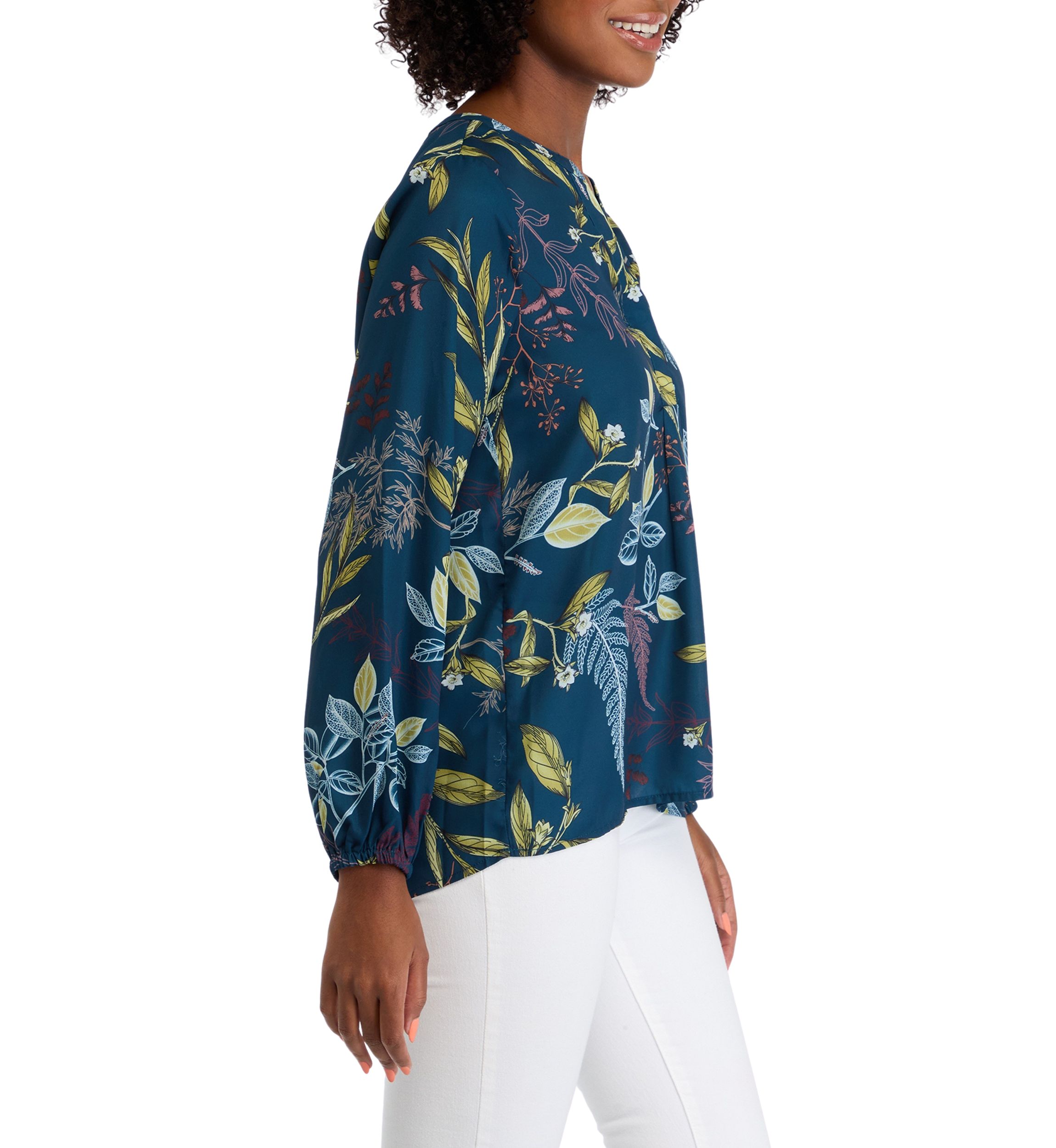Womens Blouson Sleeve Floral Split Neck Blouse