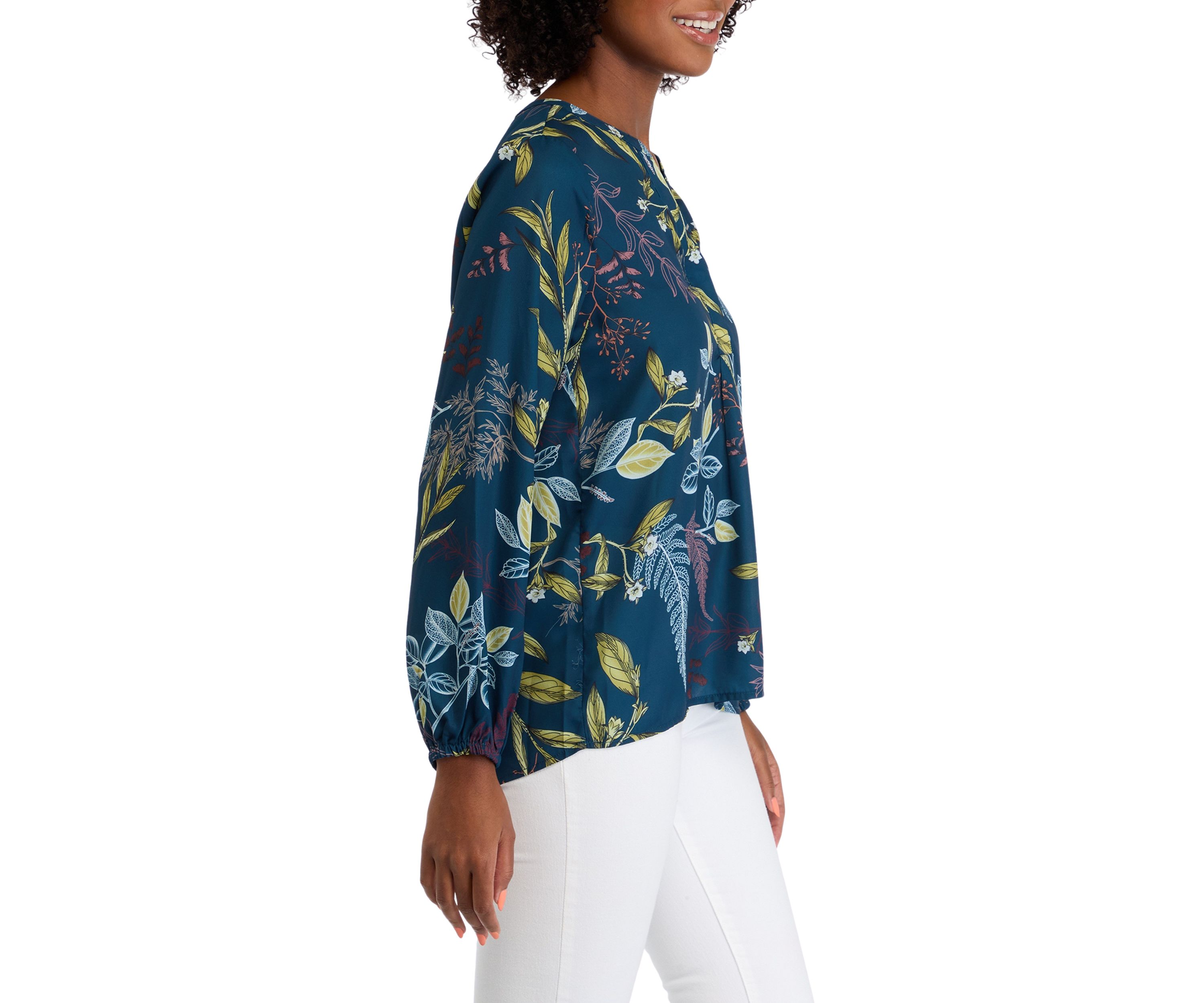 Womens Blouson Sleeve Floral Split Neck Blouse
