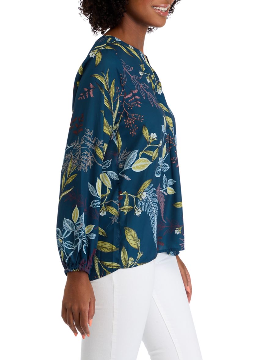 Womens Blouson Sleeve Floral Split Neck Blouse
