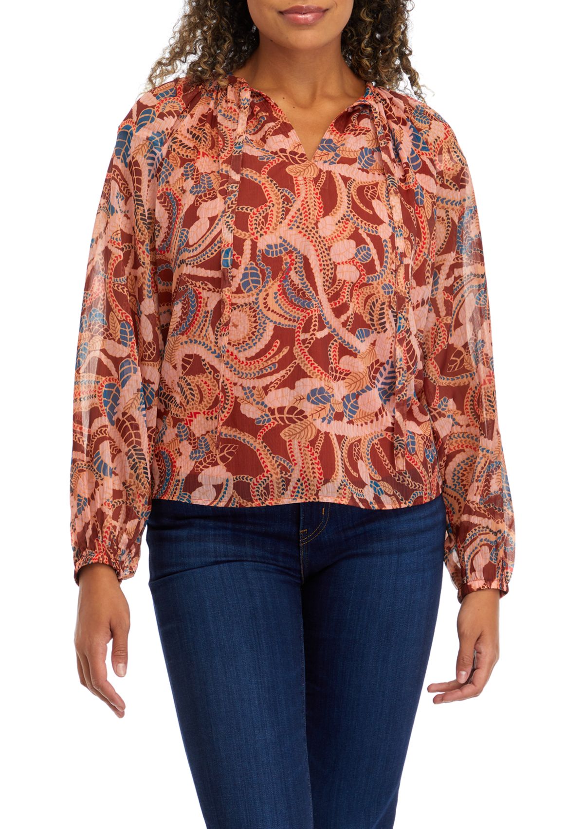 Womens Blouson Sleeve Paisley Print Top 