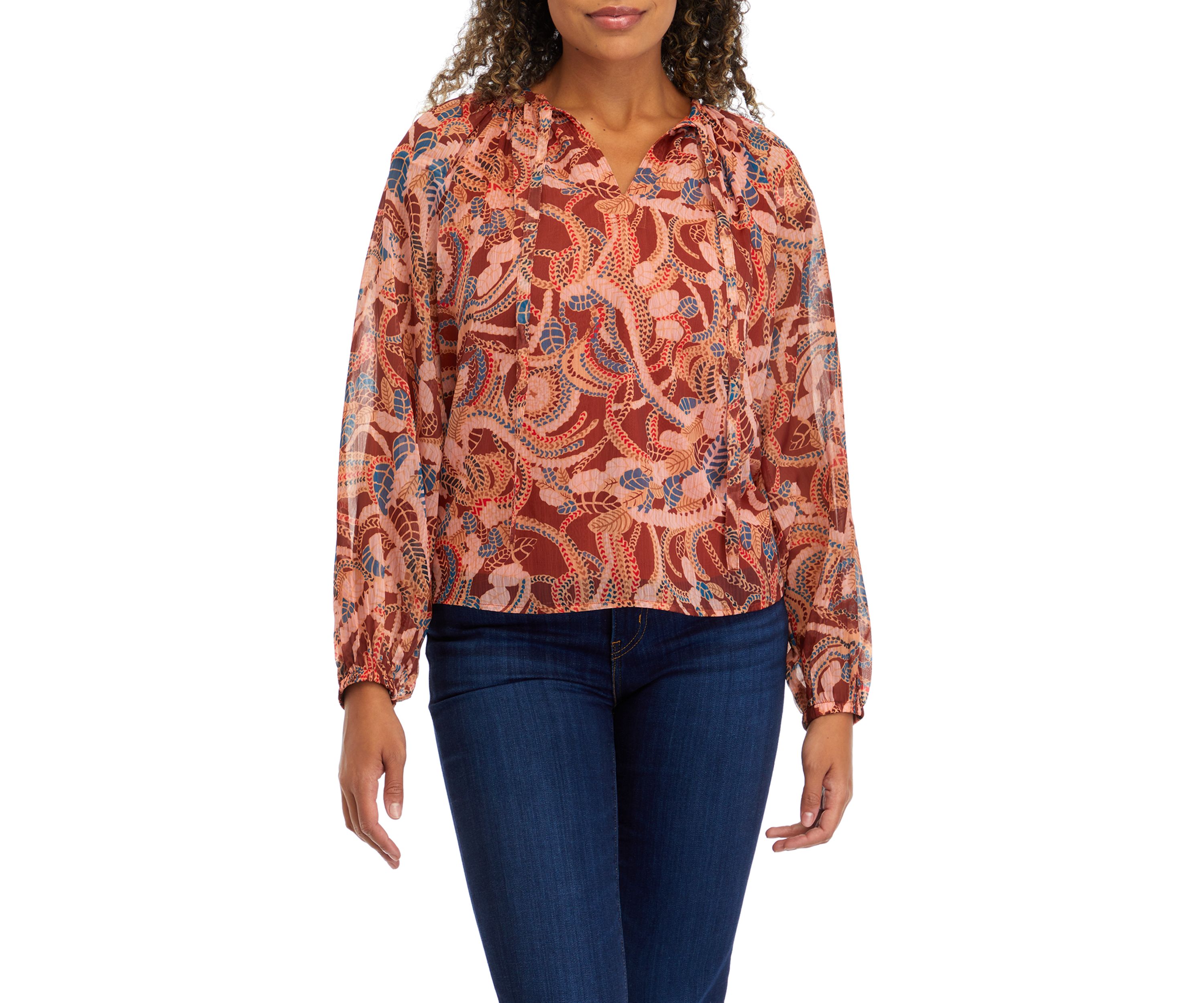 Womens Blouson Sleeve Paisley Print Top 