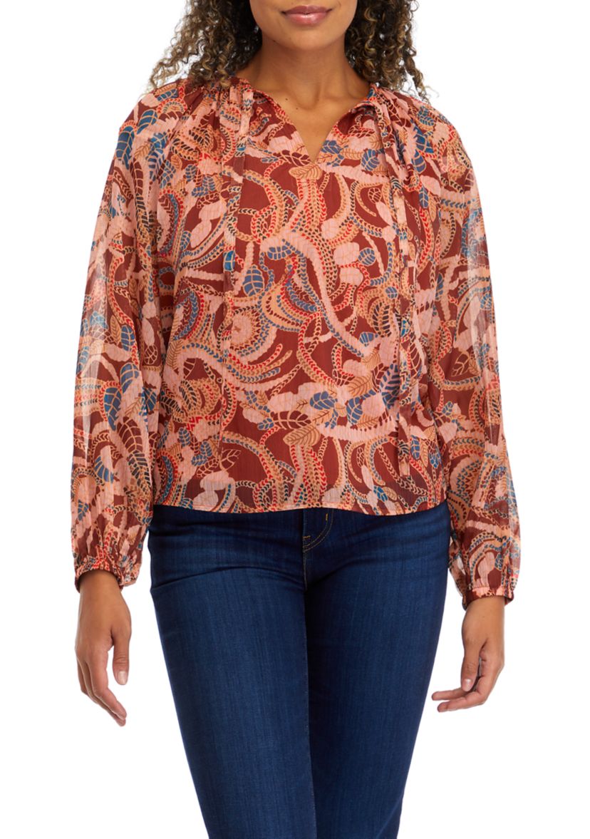 Womens Blouson Sleeve Paisley Print Top 