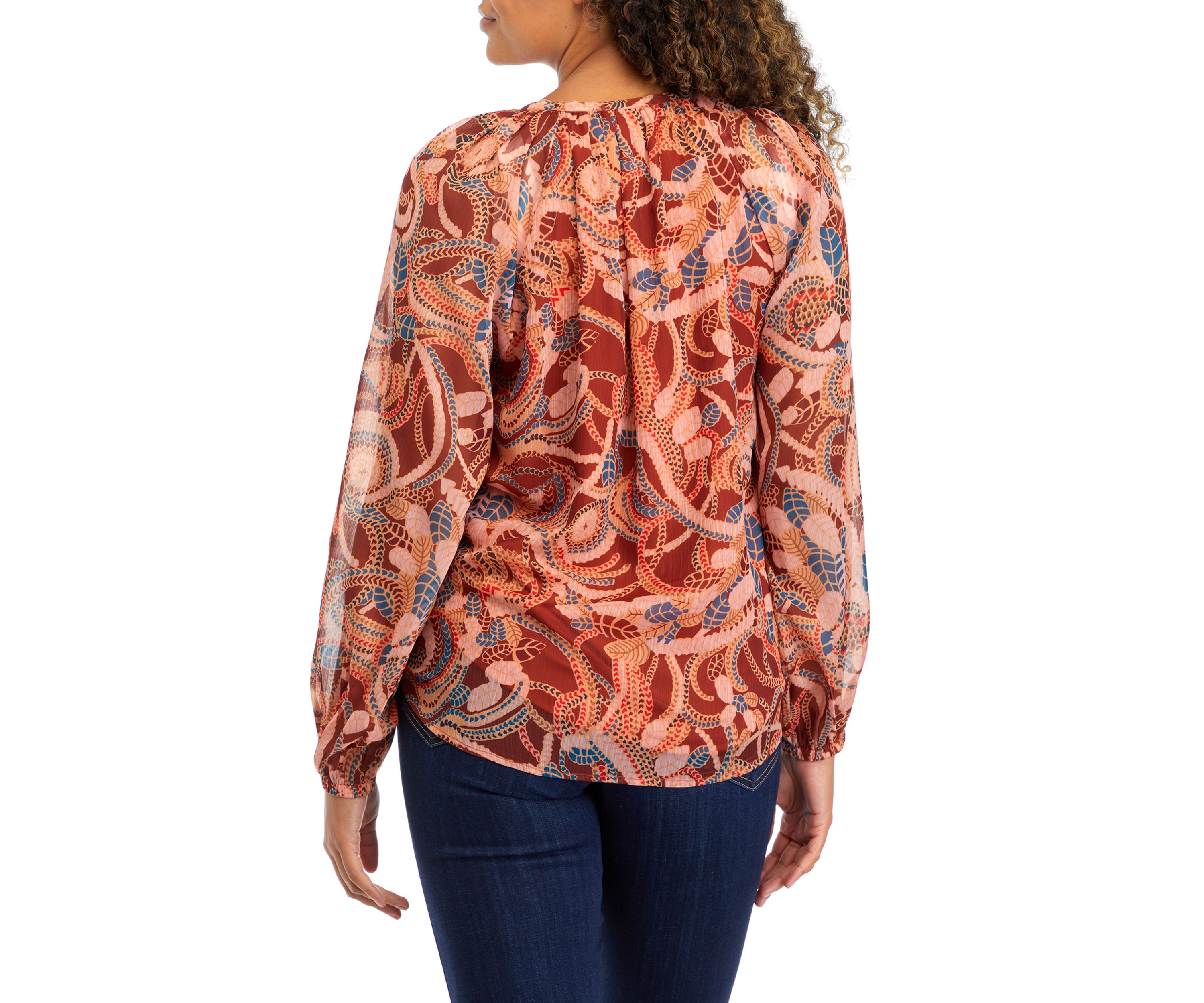 Womens Blouson Sleeve Paisley Print Top 