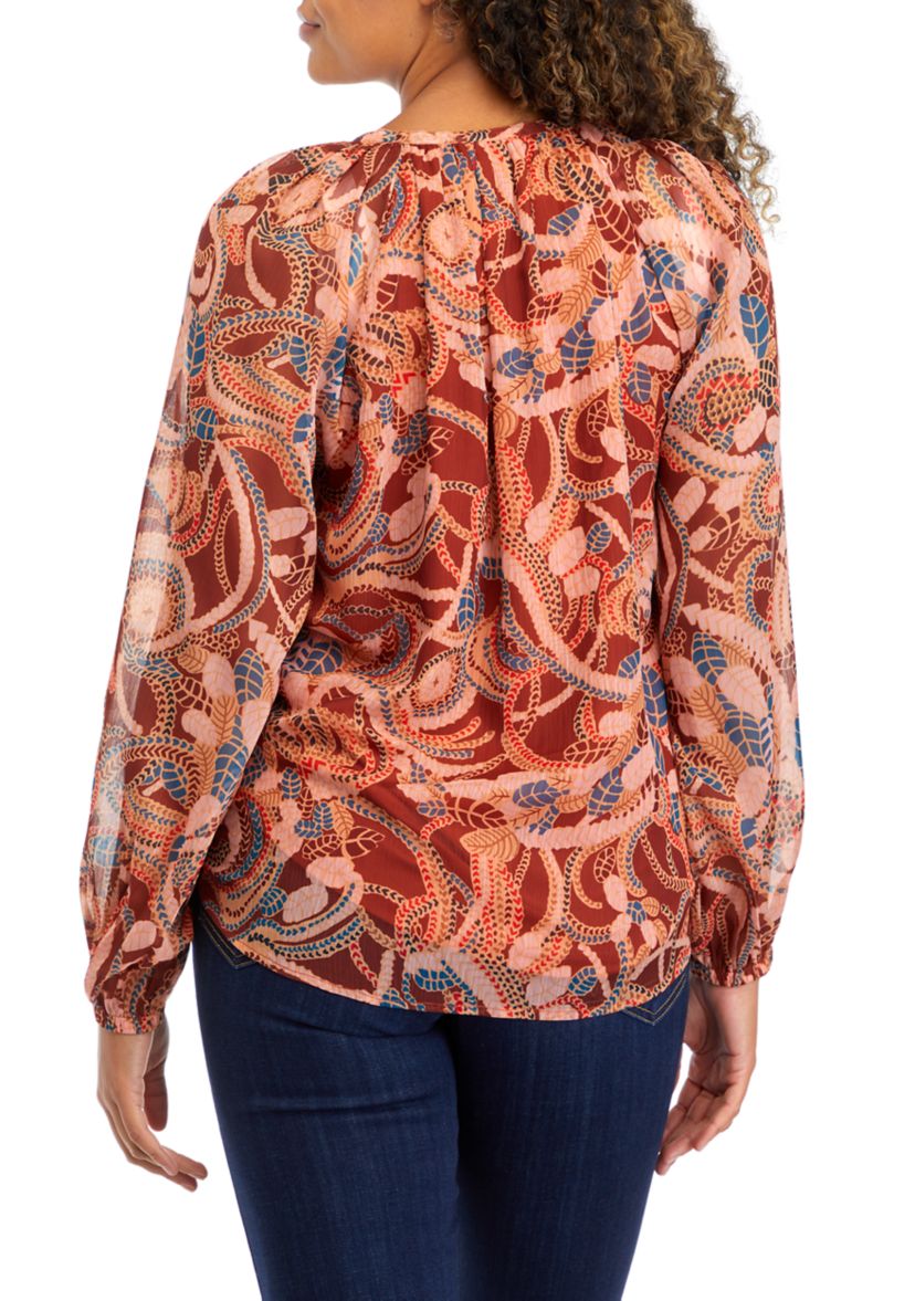 Womens Blouson Sleeve Paisley Print Top 