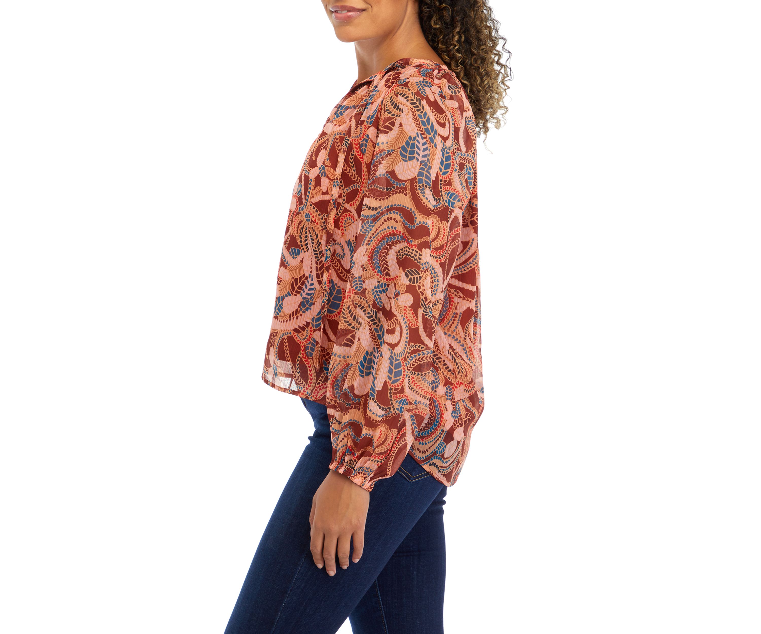 Womens Blouson Sleeve Paisley Print Top 