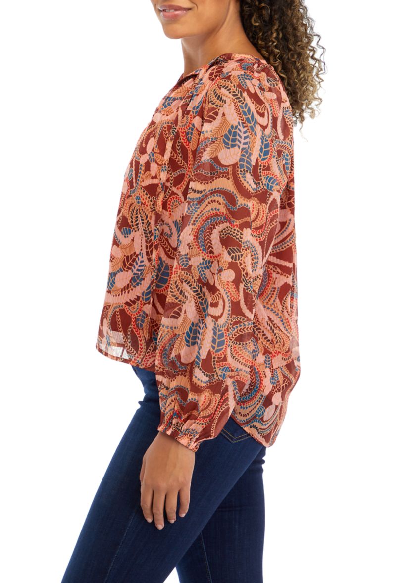 Womens Blouson Sleeve Paisley Print Top 