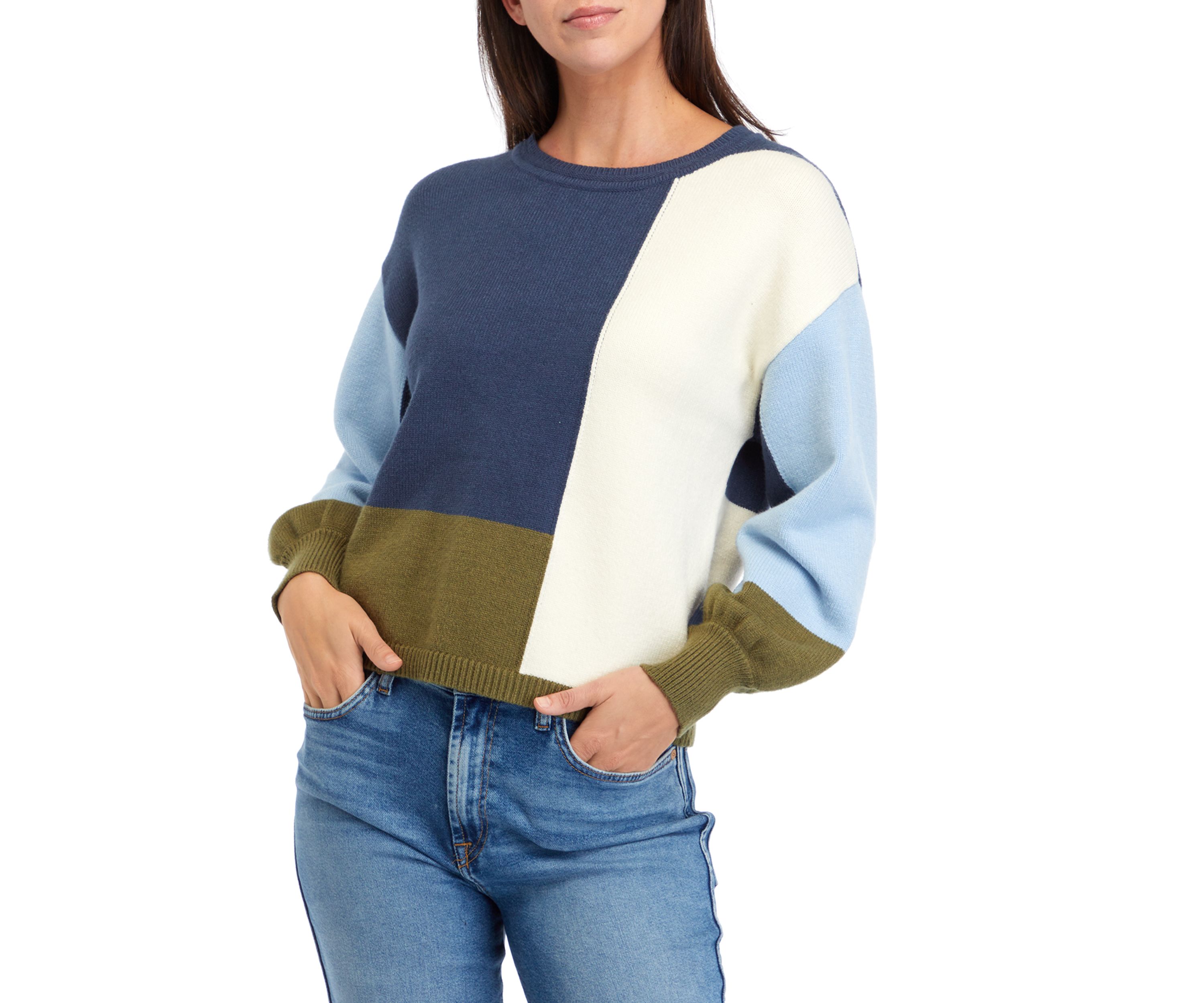 Womens Drop Shoulder Color Block Sweater