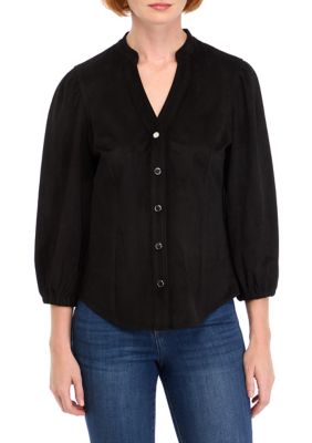 PHILOSOPHY BY REPUBLIC Women's Vegan Suede Split Neck Button Front Shirt, Black, XS