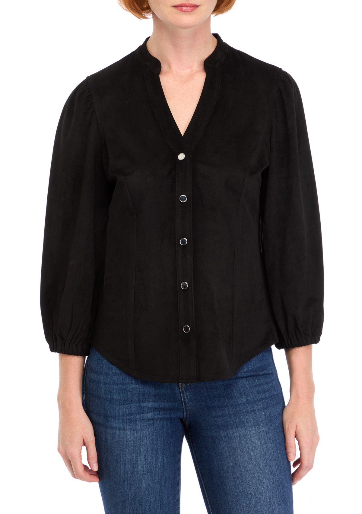 Womens Vegan Suede Split Neck Button Front Shirt 