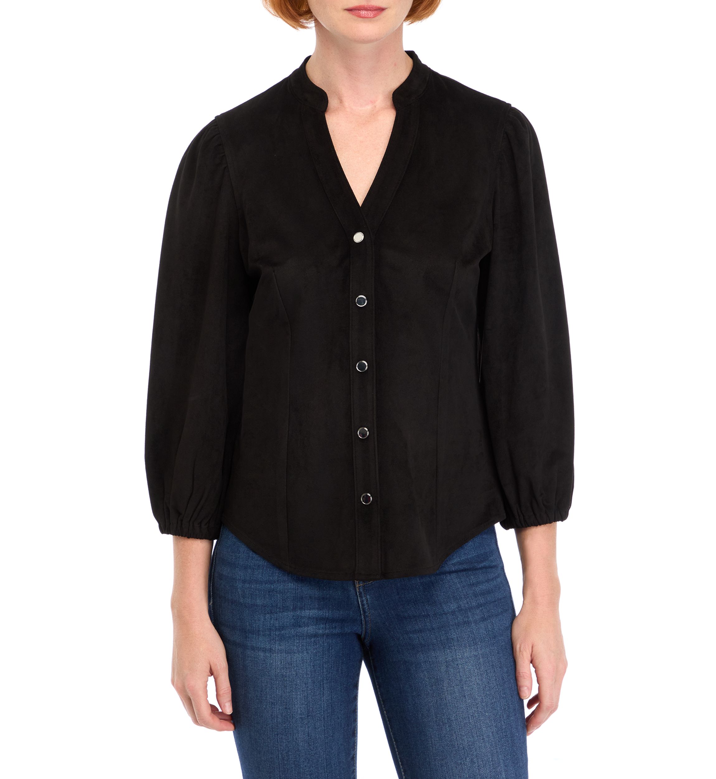 Womens Vegan Suede Split Neck Button Front Shirt 