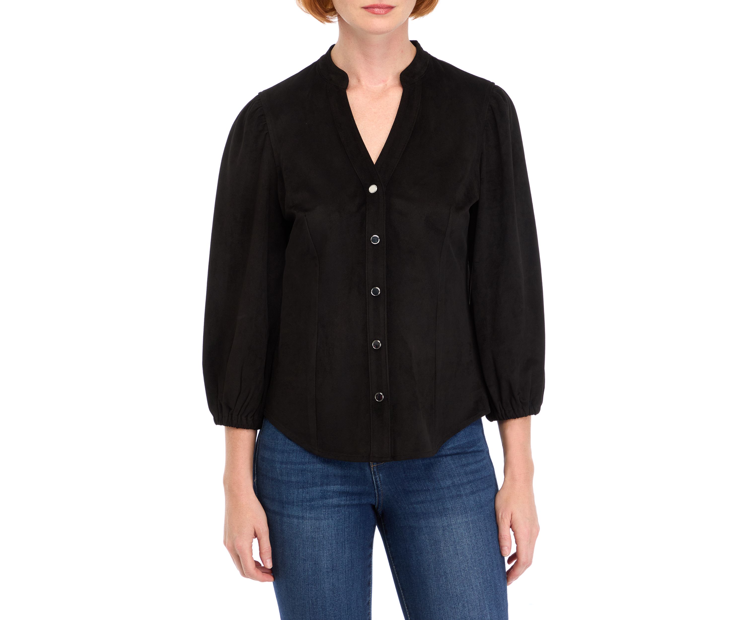 Womens Vegan Suede Split Neck Button Front Shirt 