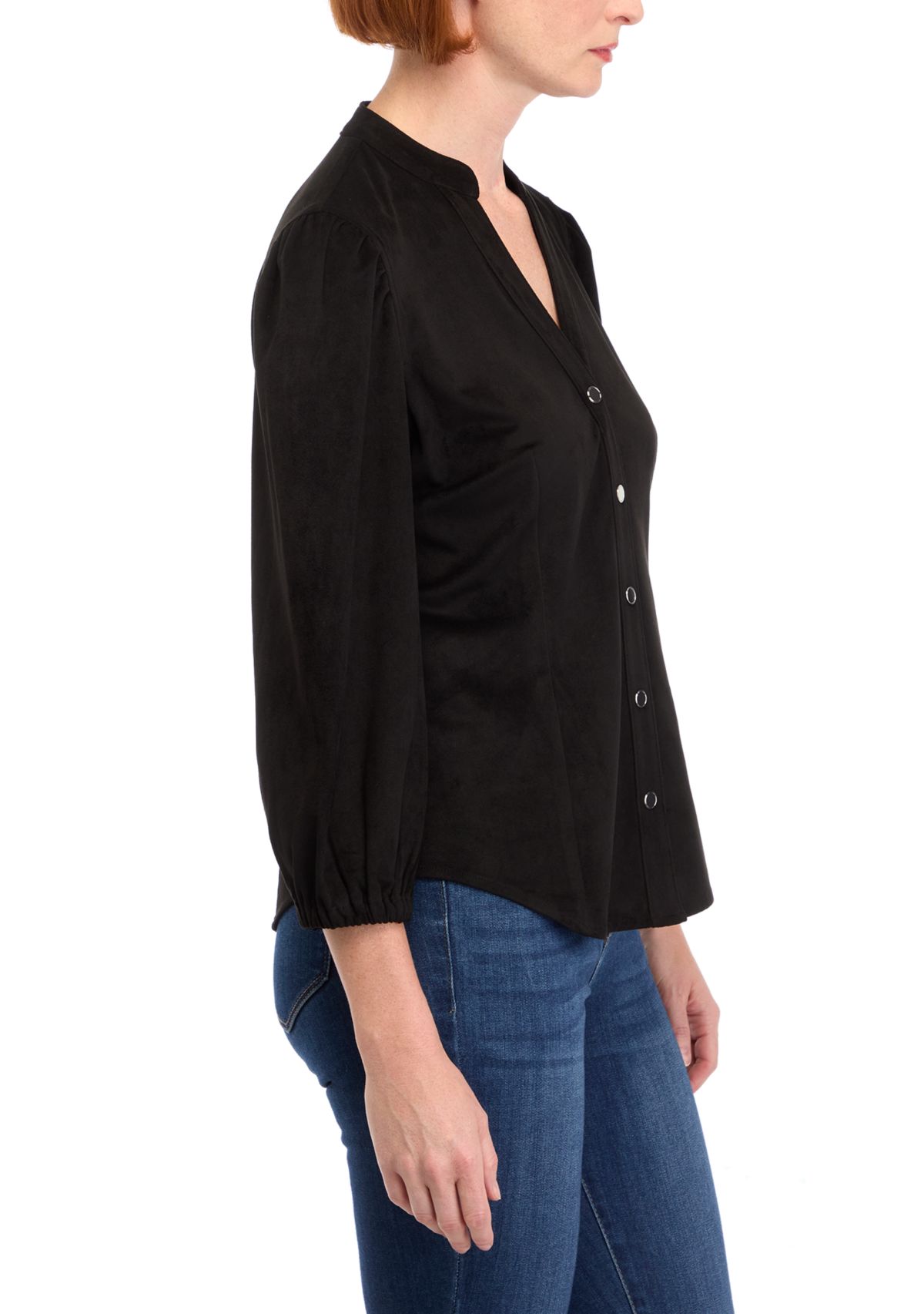 Womens Vegan Suede Split Neck Button Front Shirt 