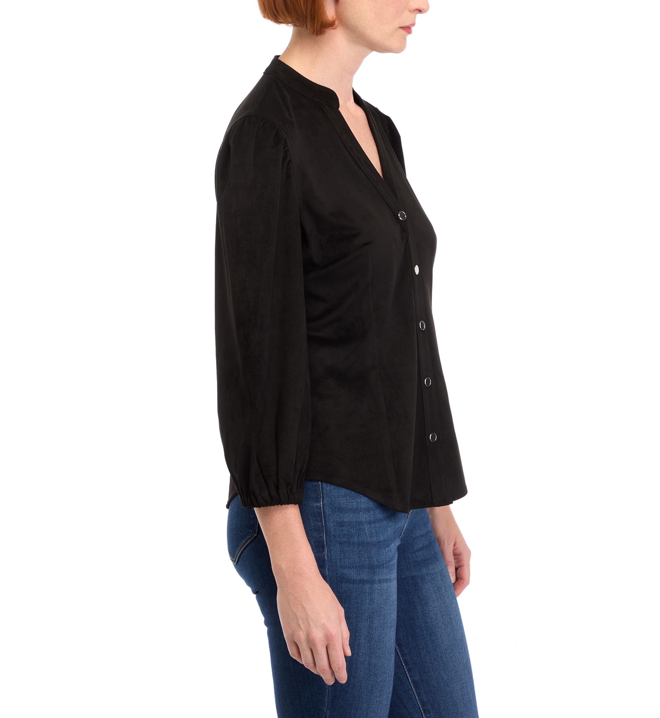 Womens Vegan Suede Split Neck Button Front Shirt 