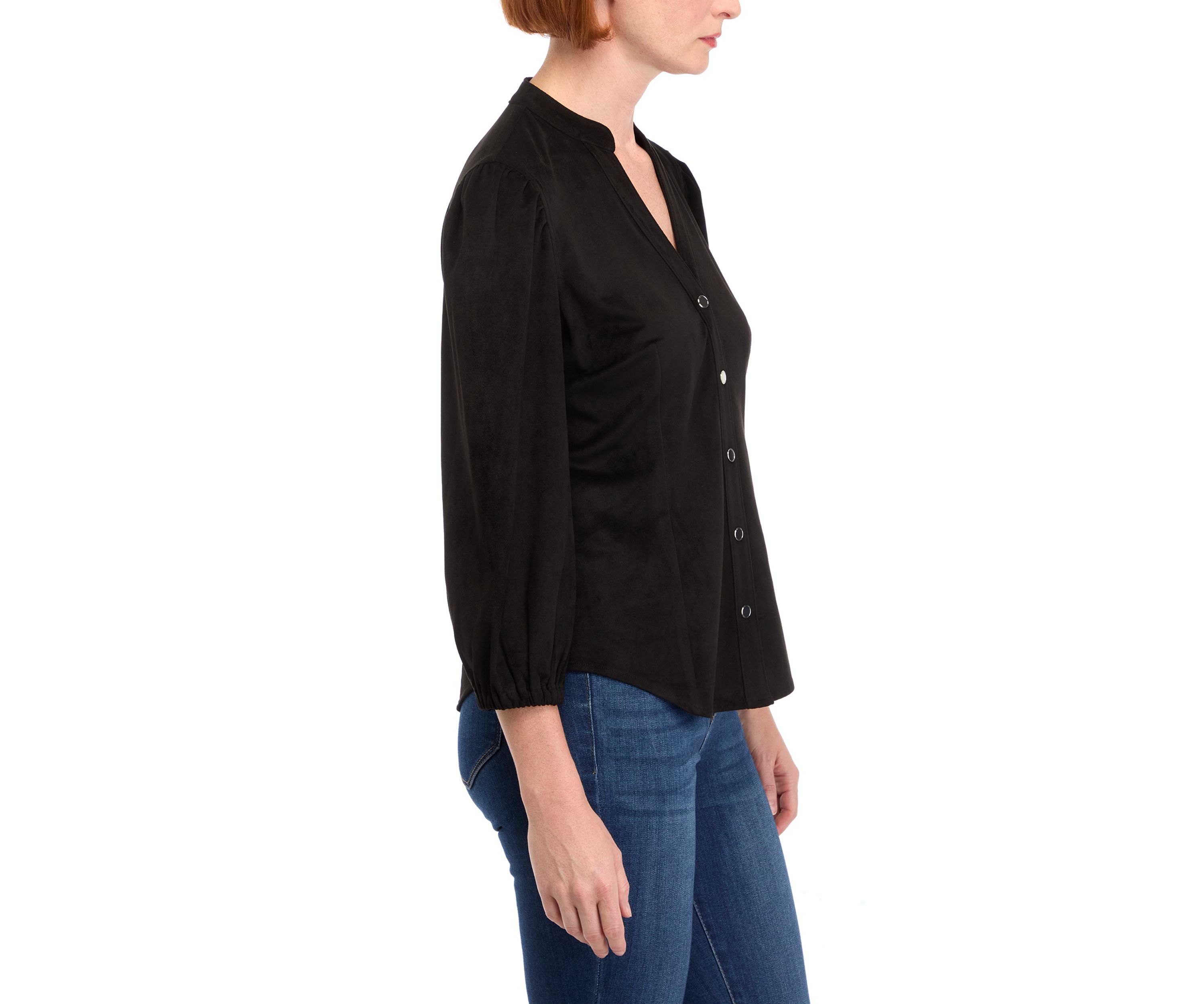 Womens Vegan Suede Split Neck Button Front Shirt 
