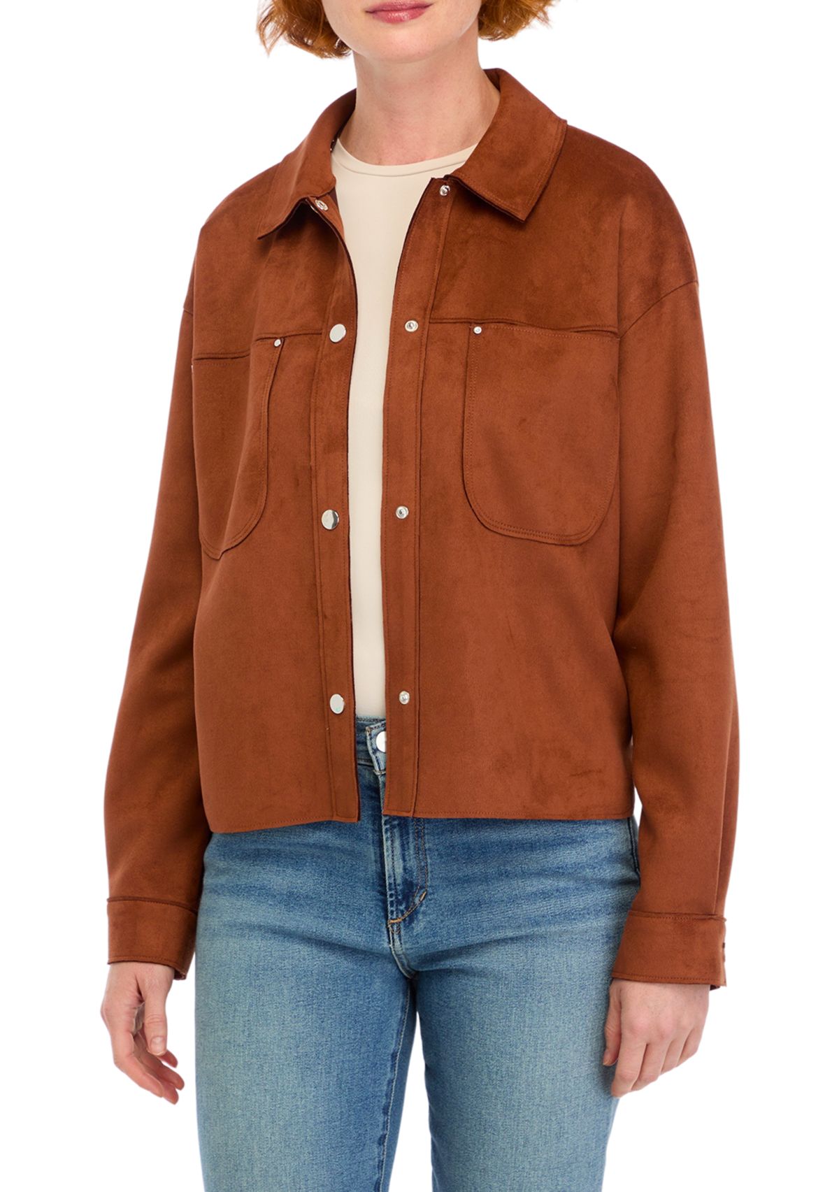 Womens Vegan Suede Front Pocket Snap Jacket 
