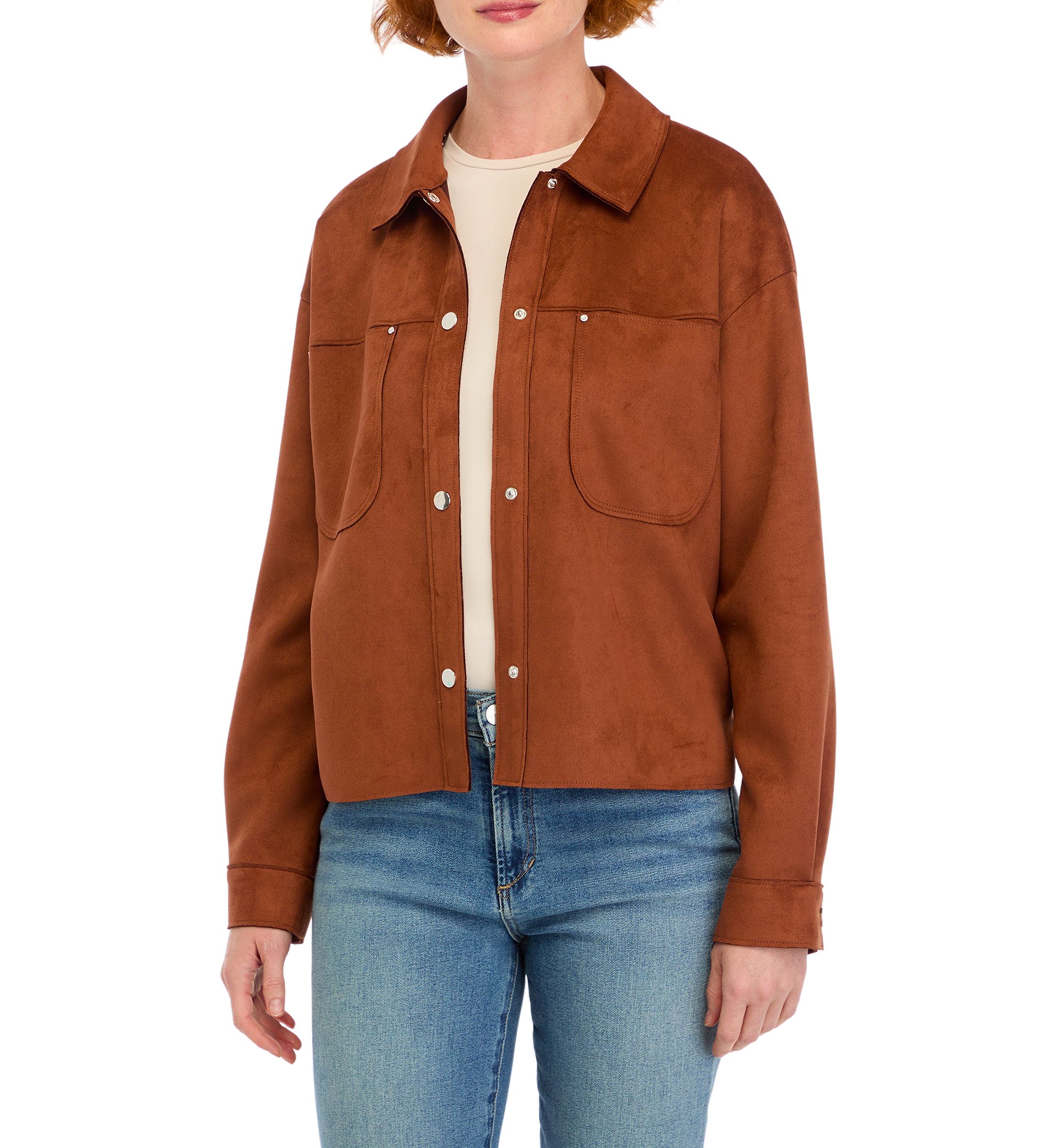 Womens Vegan Suede Front Pocket Snap Jacket 
