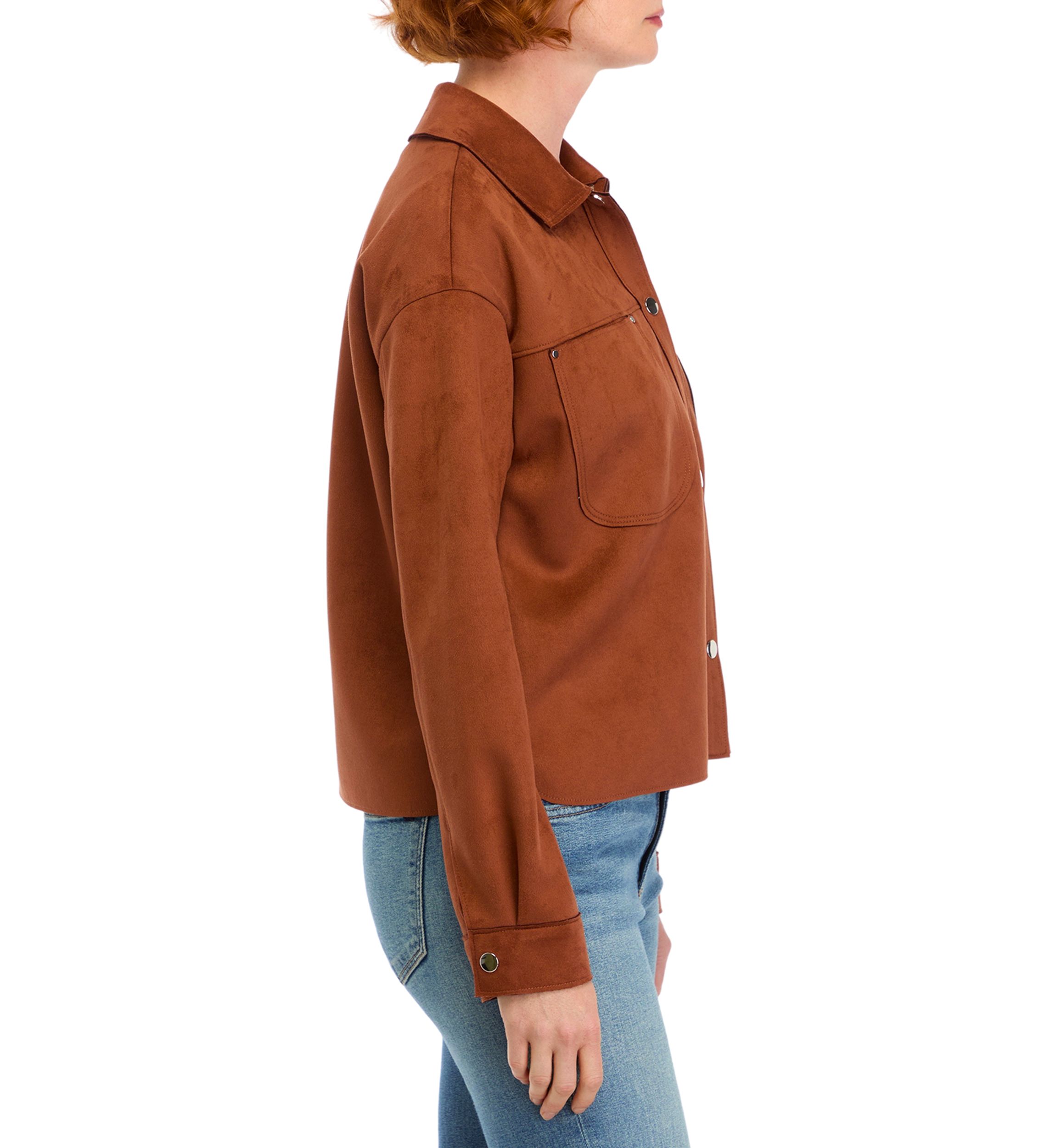 Womens Vegan Suede Front Pocket Snap Jacket 