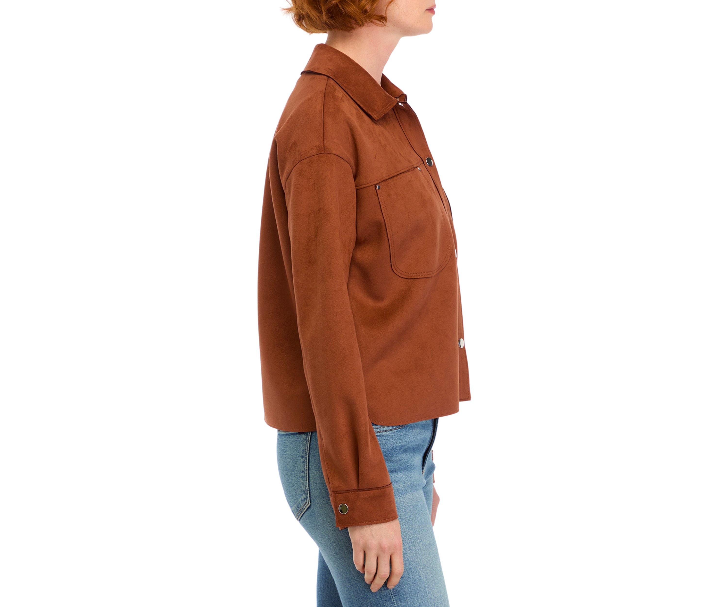 Womens Vegan Suede Front Pocket Snap Jacket 