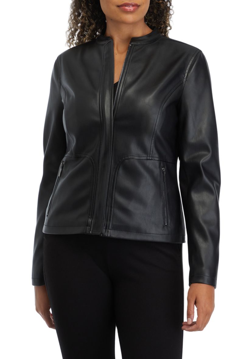 Womens Zip Front Vegan Leather Jacket