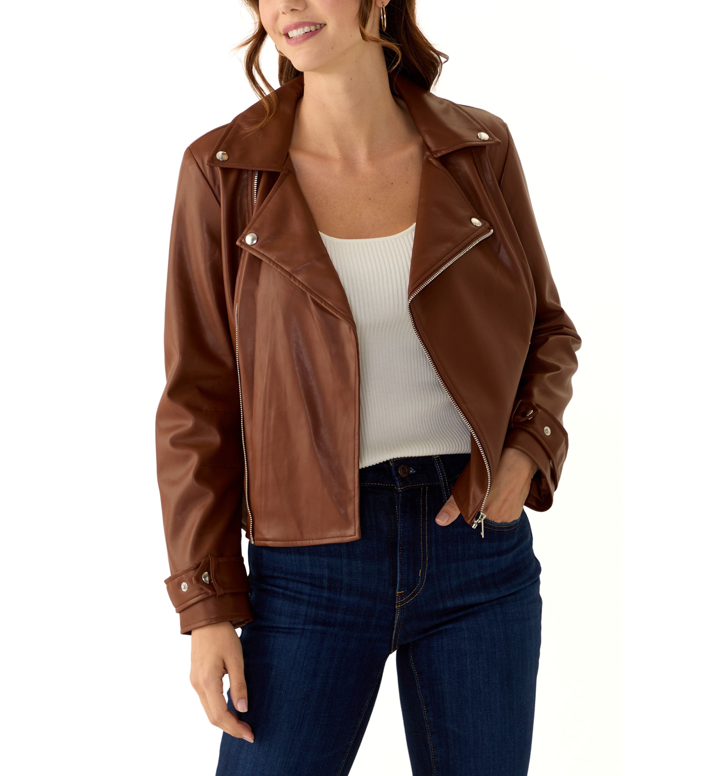 Womens Vegan Leather Zip Front Moto Jacket