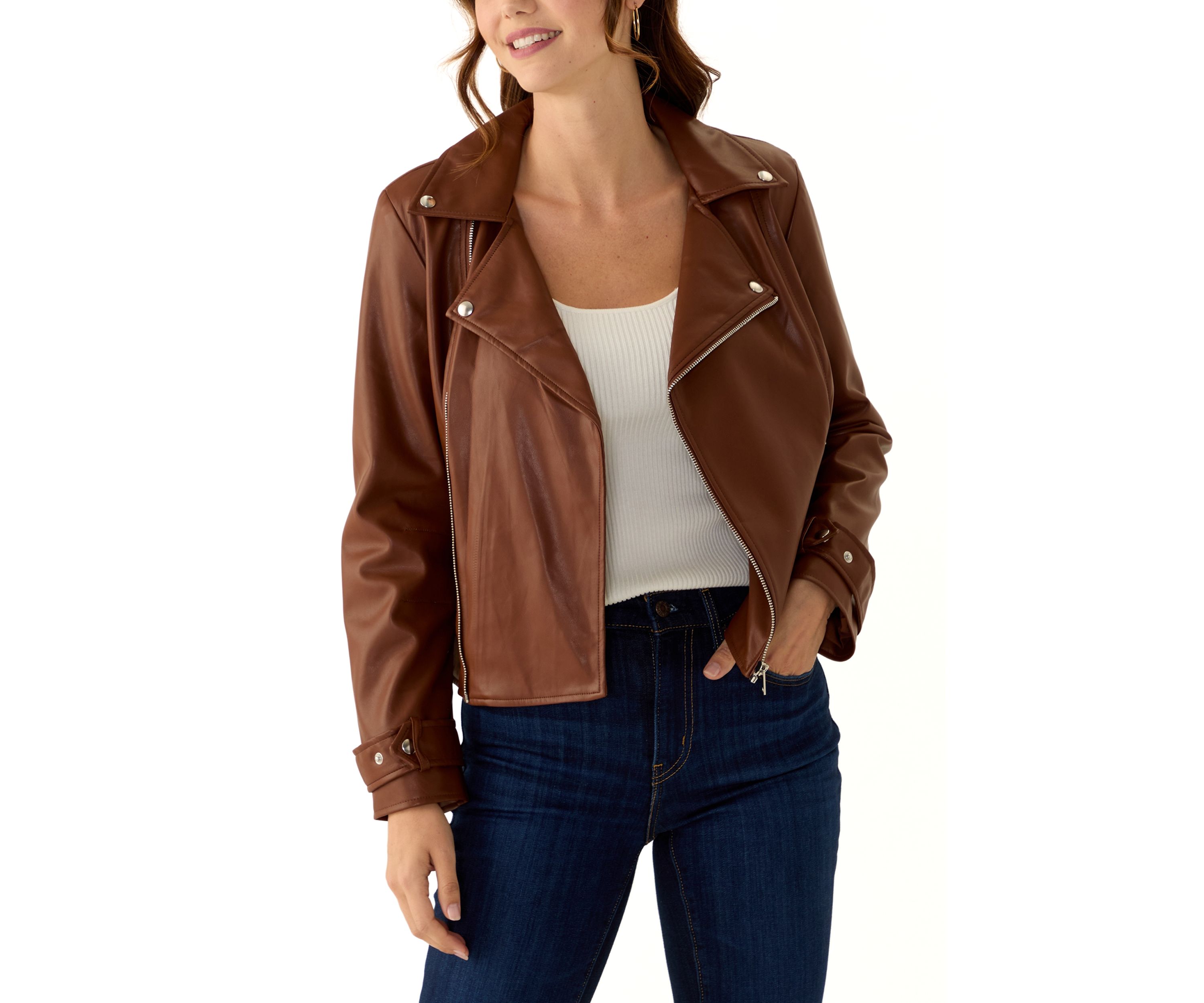 Womens Vegan Leather Zip Front Moto Jacket