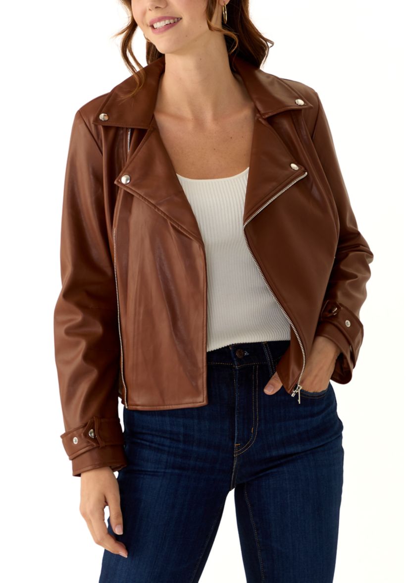 Womens Vegan Leather Zip Front Moto Jacket