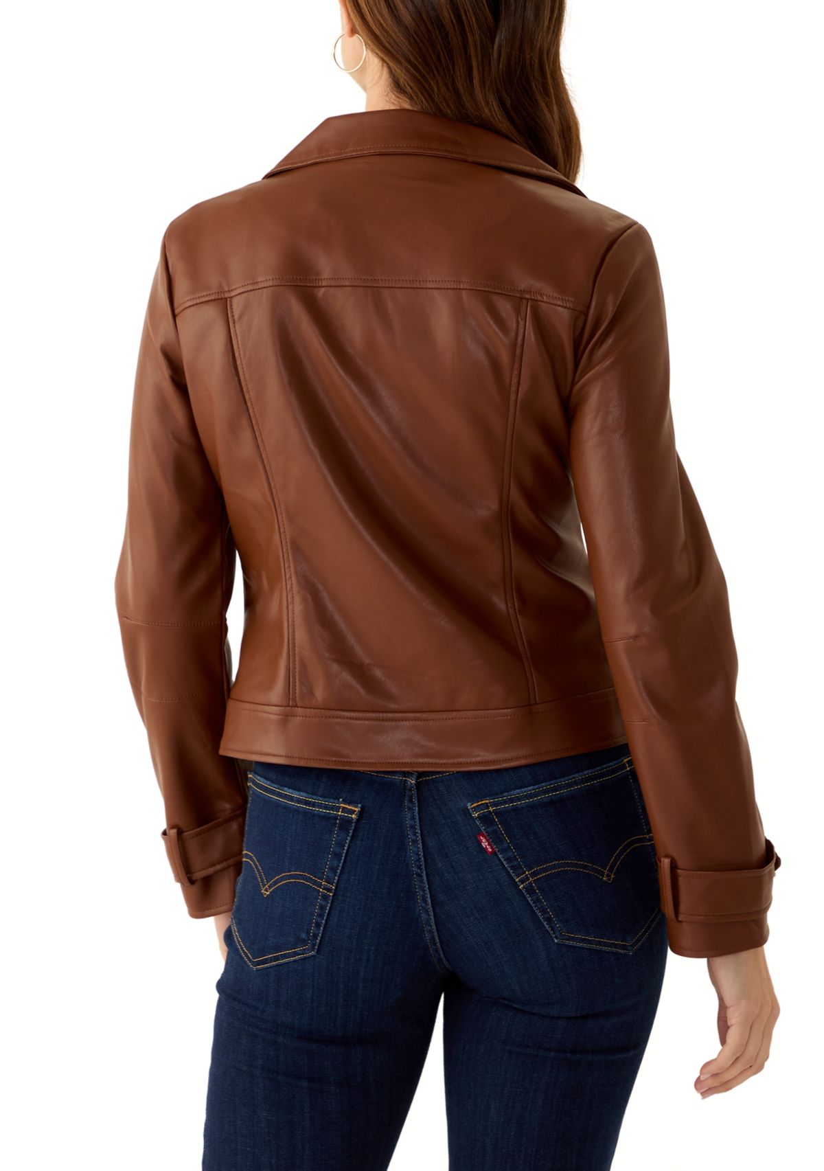 Womens Vegan Leather Zip Front Moto Jacket