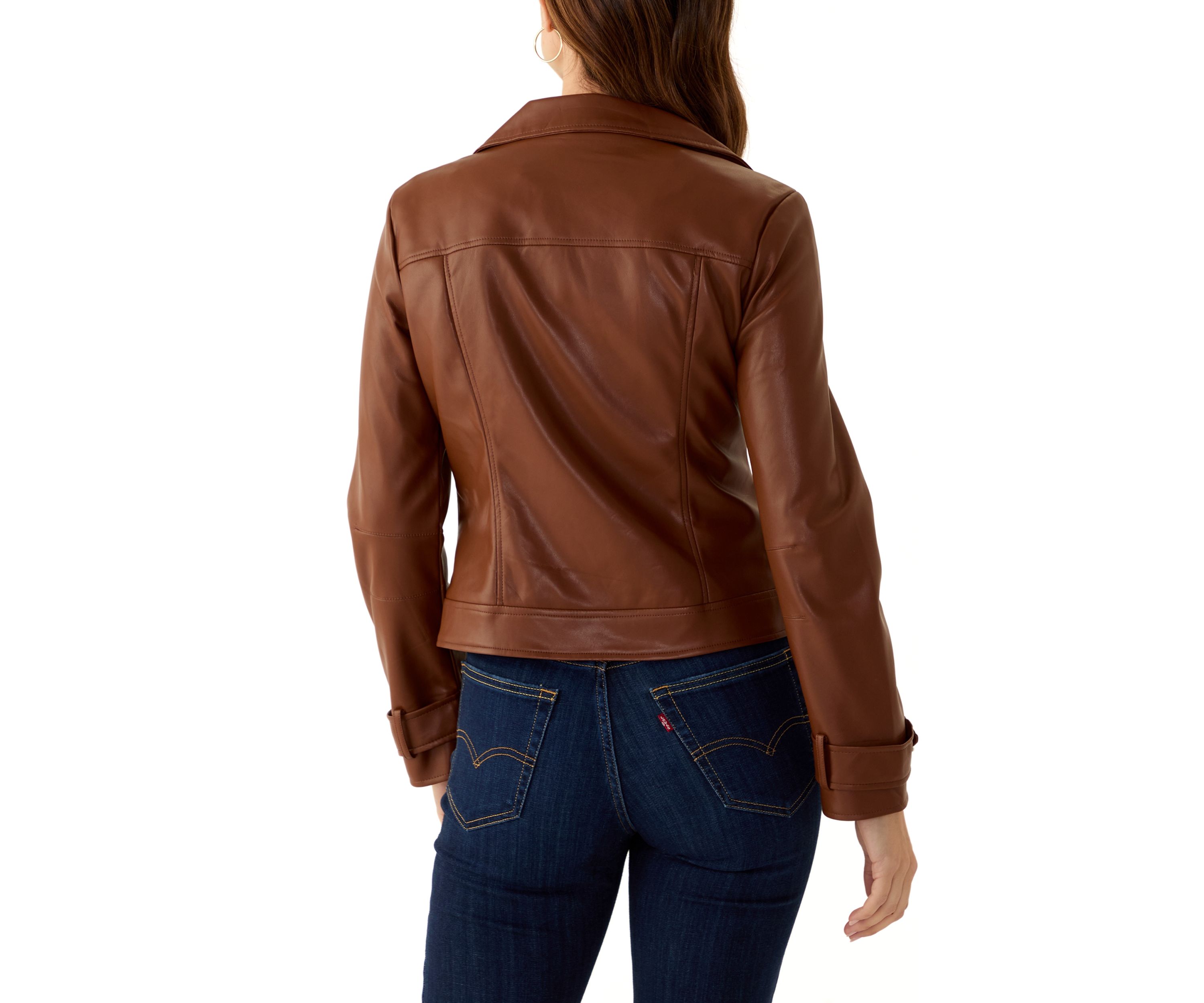 Womens Vegan Leather Zip Front Moto Jacket