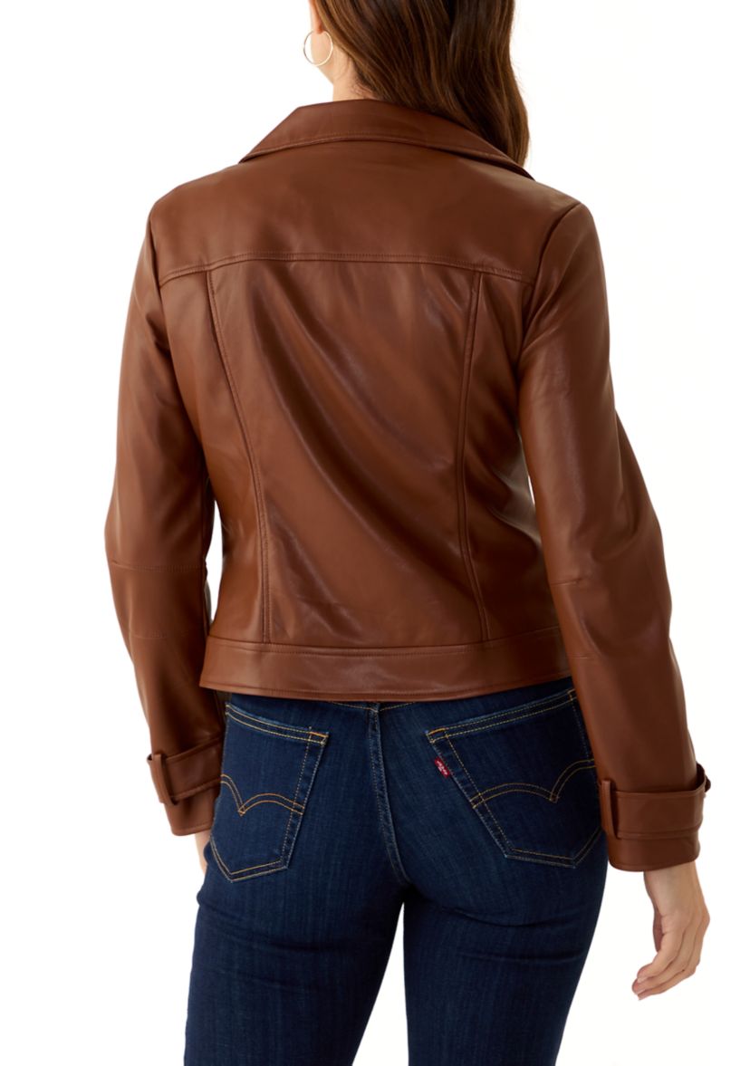 Womens Vegan Leather Zip Front Moto Jacket